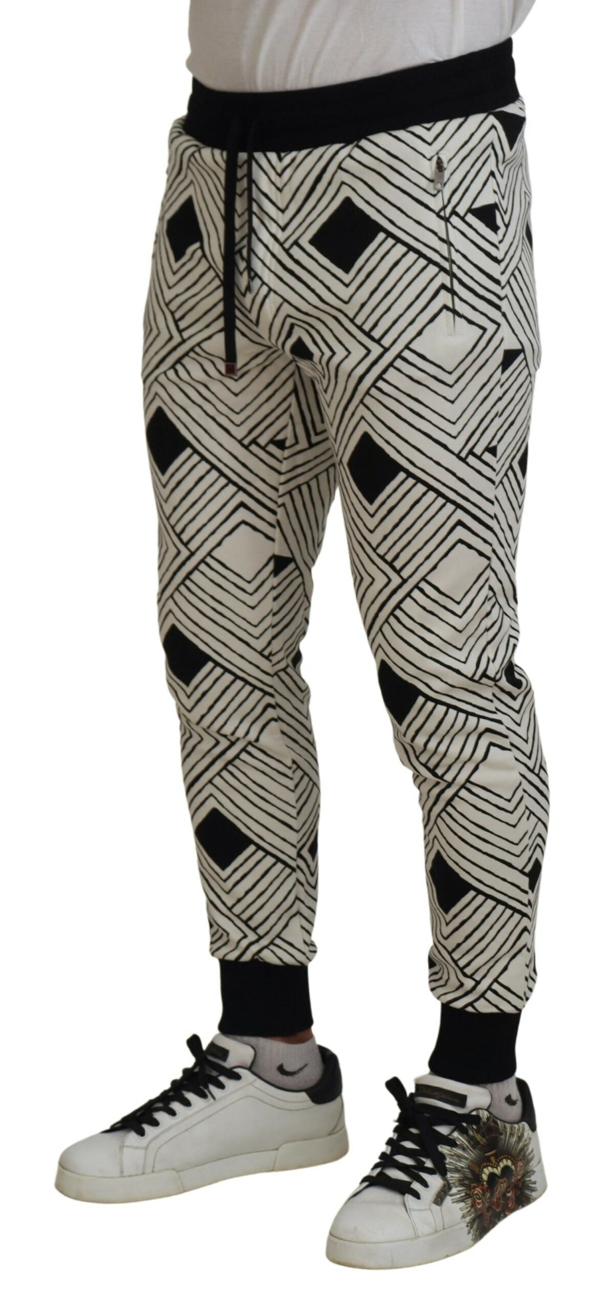 Dolce & Gabbana Black White Cotton Trousers Sport Men's Pants