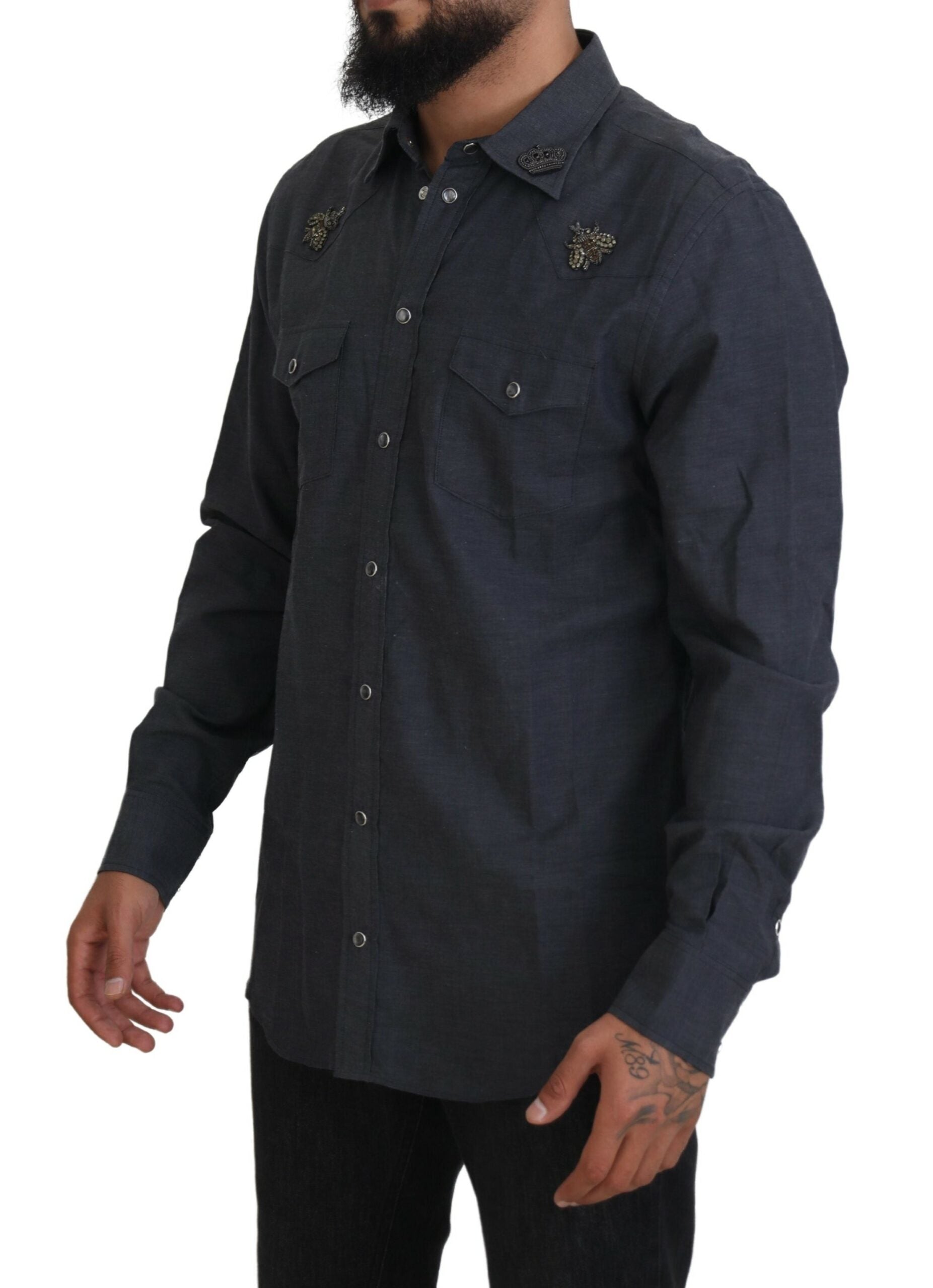 Dolce & Gabbana Blue Cotton Denim Crystal Bee Men's Shirt