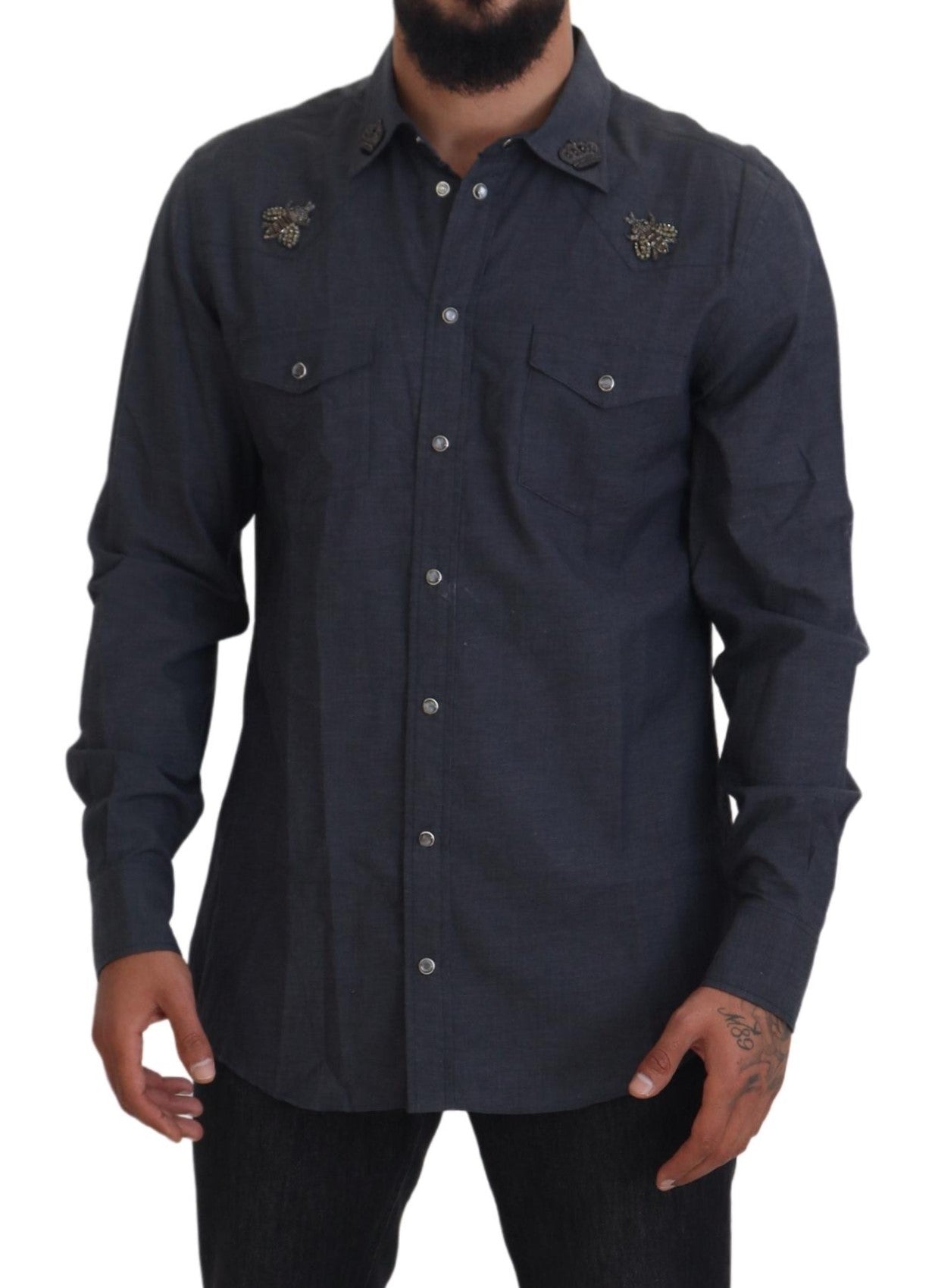 Dolce & Gabbana Blue Cotton Denim Crystal Bee Men's Shirt