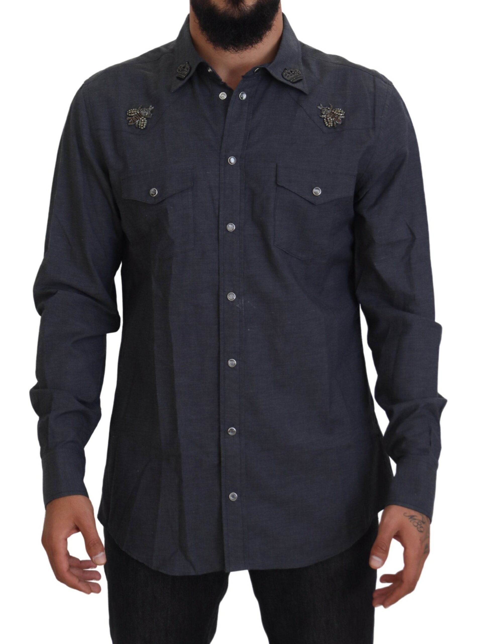 Dolce & Gabbana Blue Cotton Denim Crystal Bee Men's Shirt