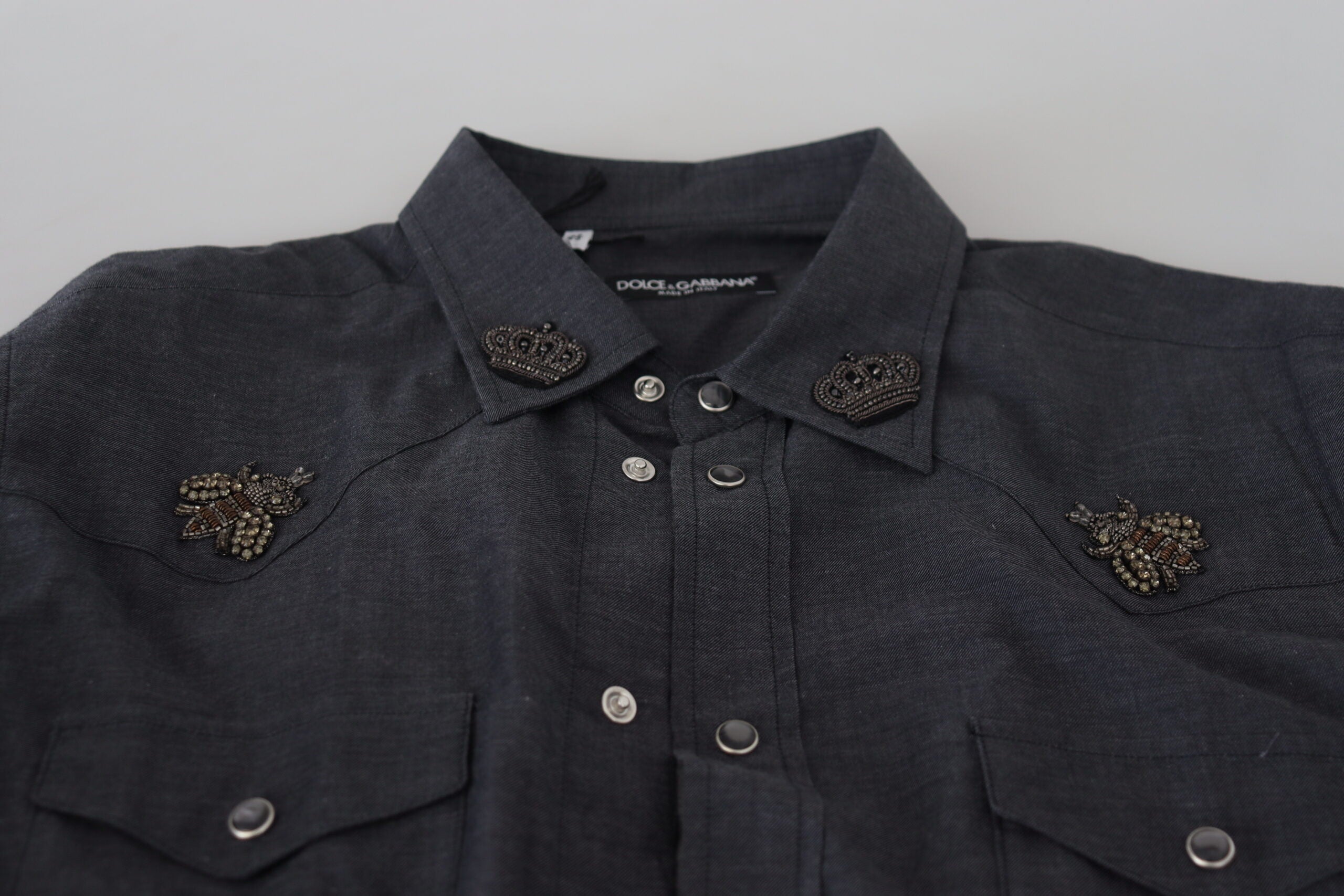 Dolce & Gabbana Blue Cotton Denim Crystal Bee Men's Shirt