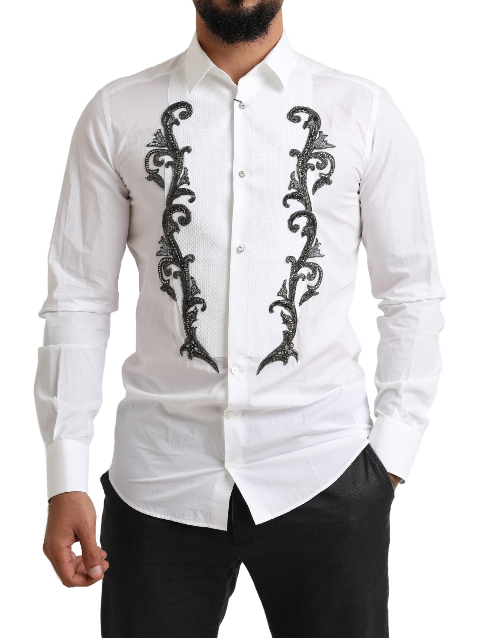 Dolce & Gabbana White Tuxedo Slim Fit Baroque Men's Shirt