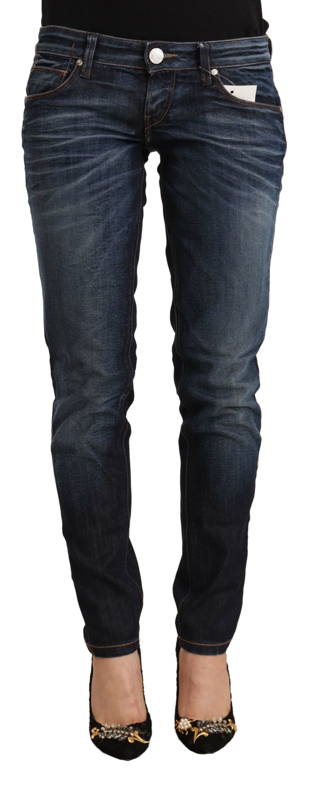 Acht Blue Washed Cotton Low Waist Skinny Denim Women's Jeans
