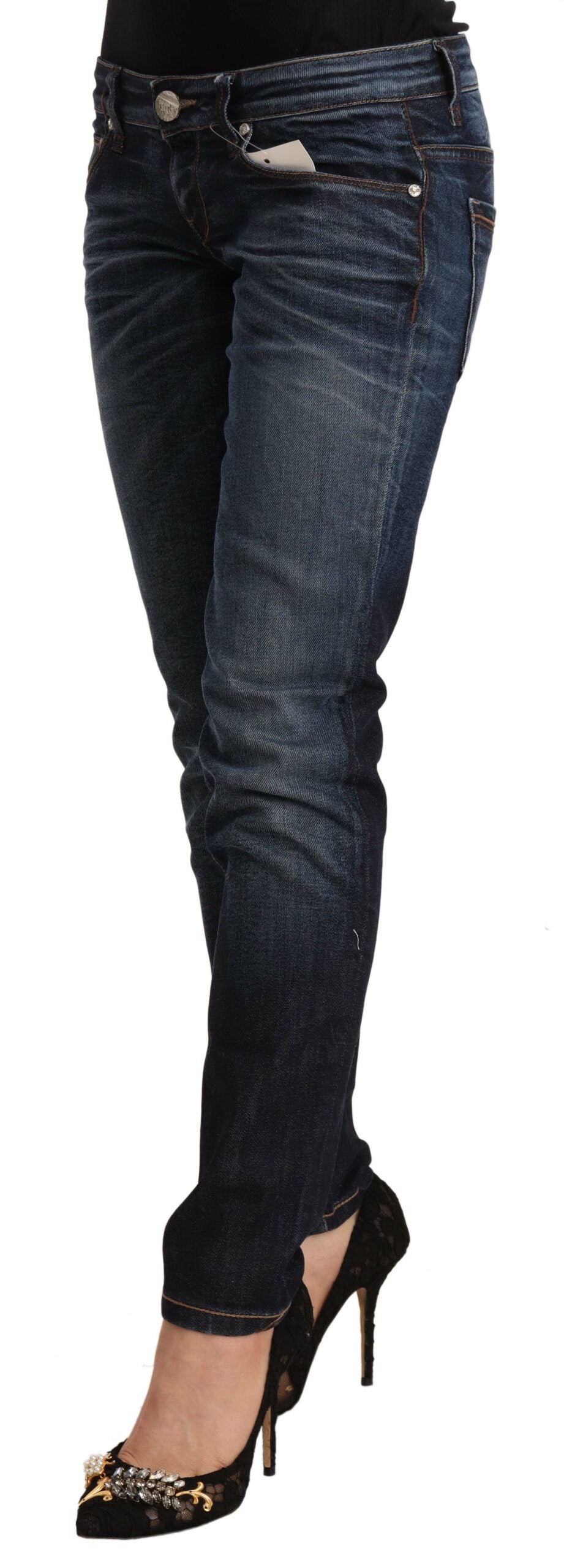 Acht Blue Washed Cotton Low Waist Skinny Denim Women's Jeans
