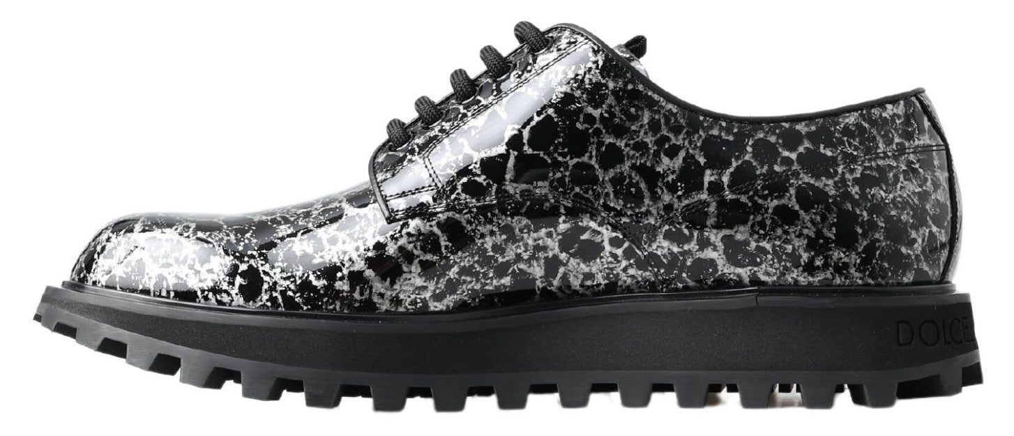 Dolce & Gabbana Black White Derby Patent Leather Men's Shoes