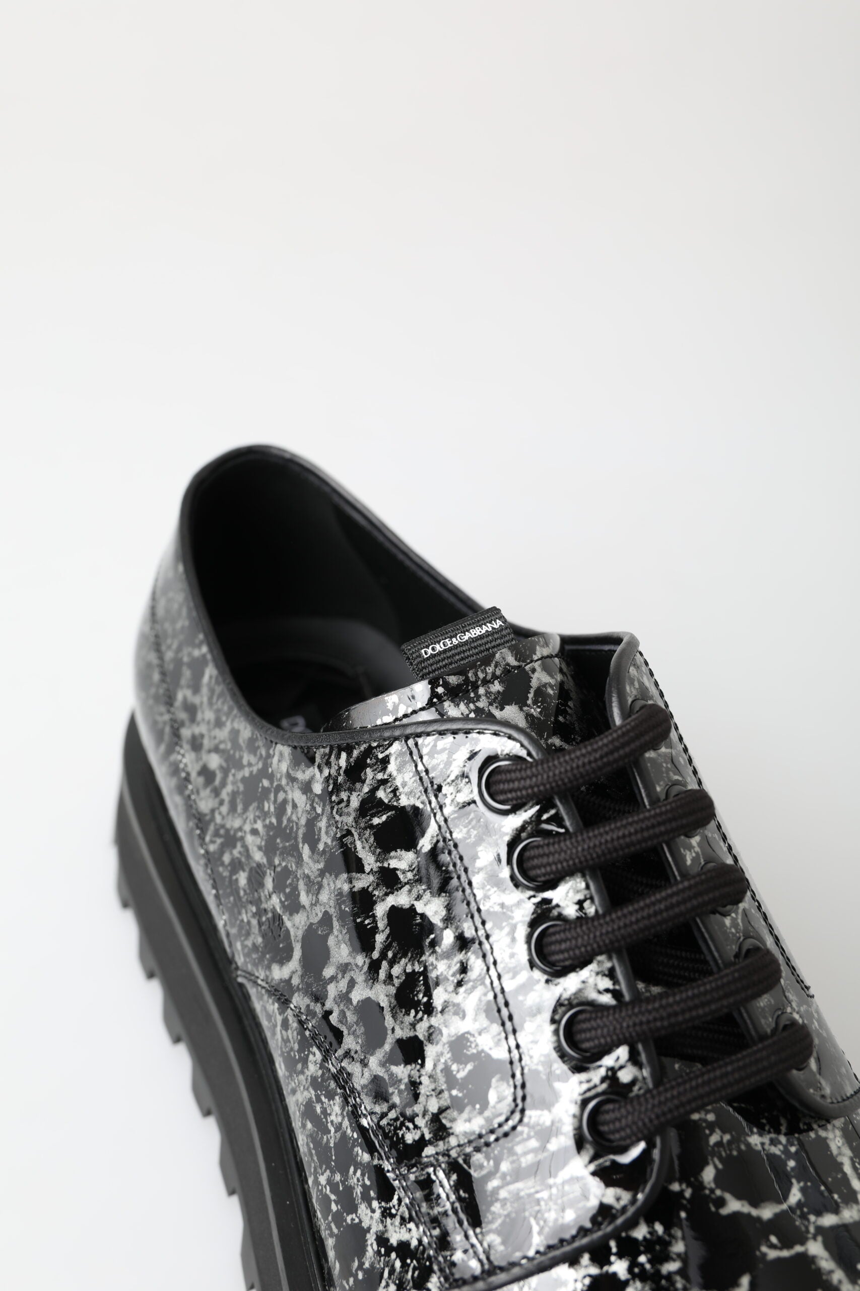 Dolce & Gabbana Black White Derby Patent Leather Men's Shoes