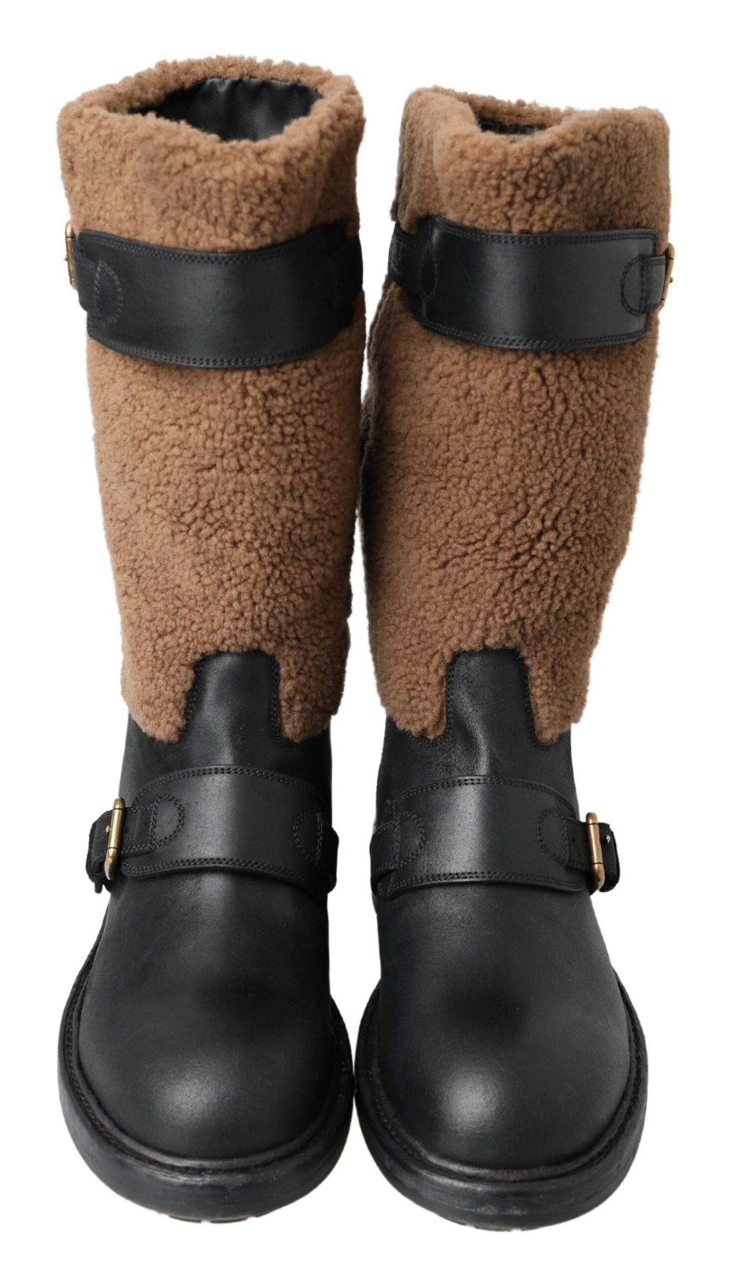 Dolce & Gabbana Black Leather Brown Shearling Men's Boots