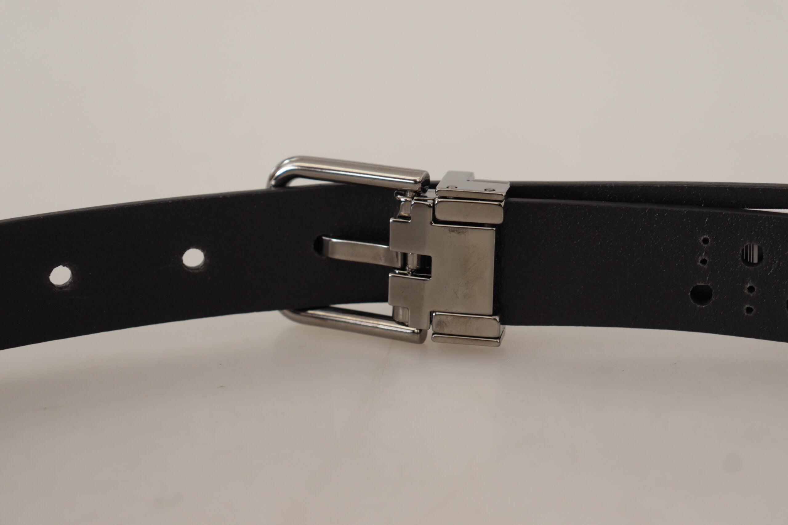 Dolce & Gabbana Black Calf Leather Perforated Metal Buckle Men's Belt