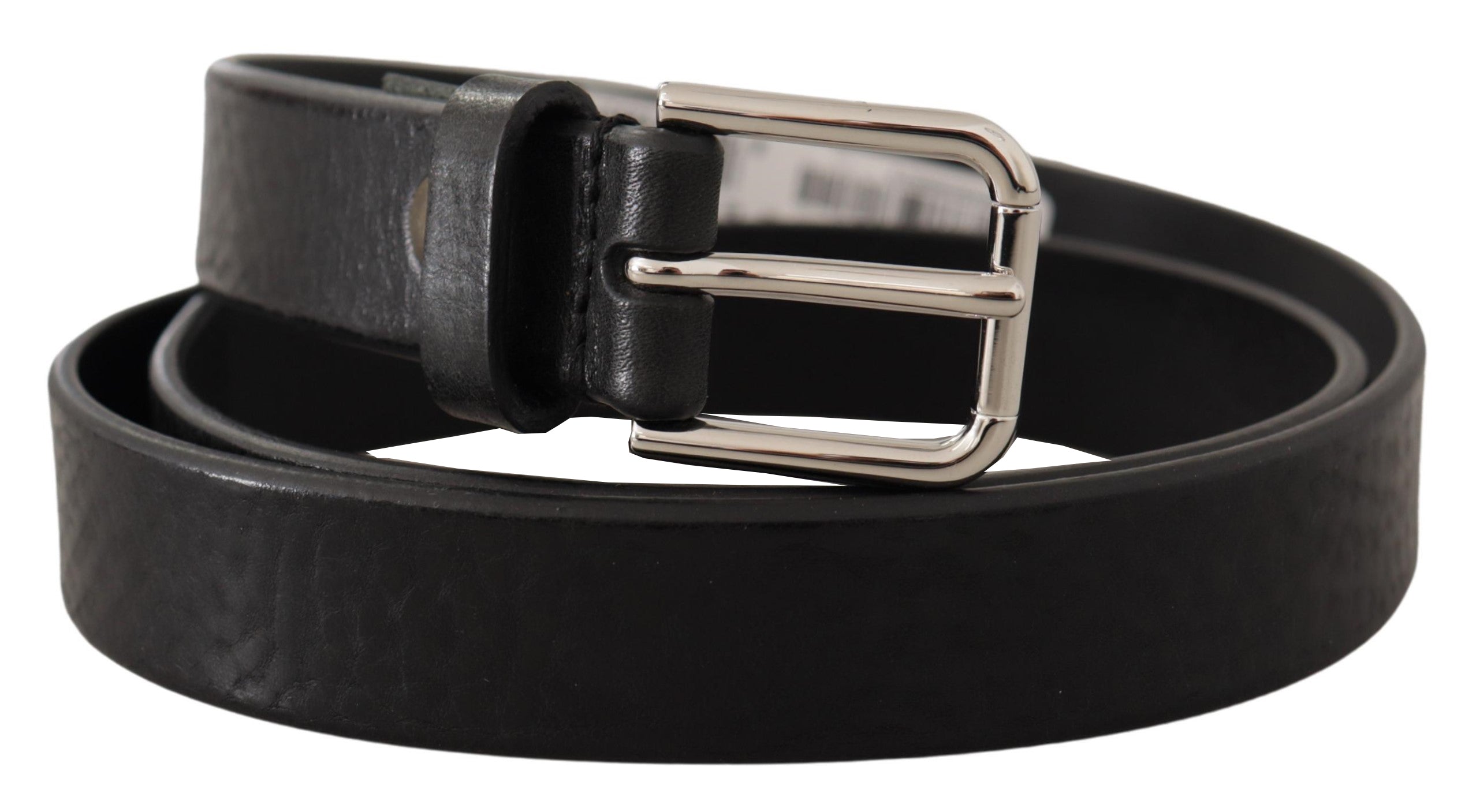Dolce & Gabbana Black Calf Leather Silver Tone Logo Metal Buckle Men's Belt