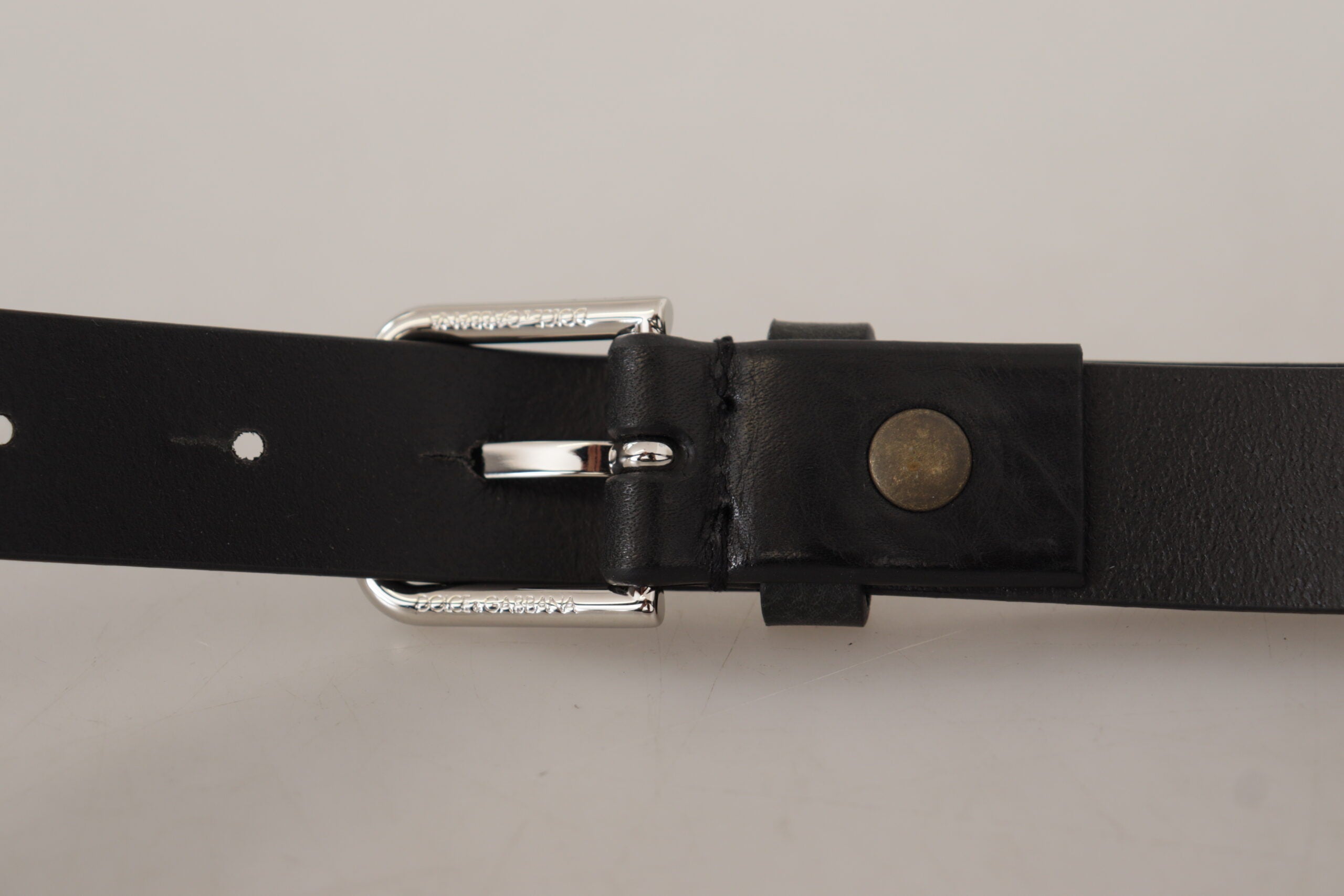 Dolce & Gabbana Black Calf Leather Silver Tone Logo Metal Buckle Men's Belt