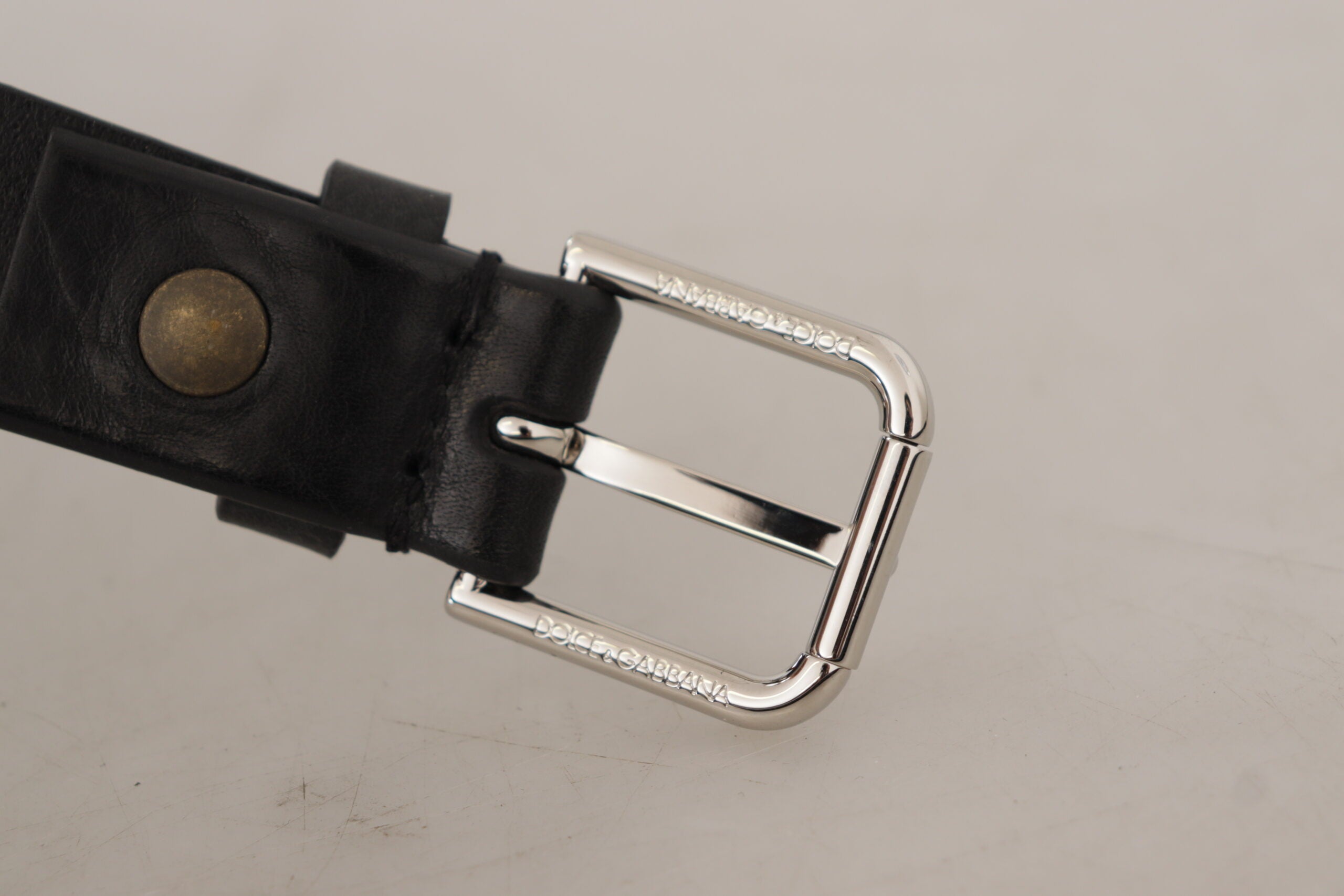 Dolce & Gabbana Black Calf Leather Silver Tone Logo Metal Buckle Men's Belt