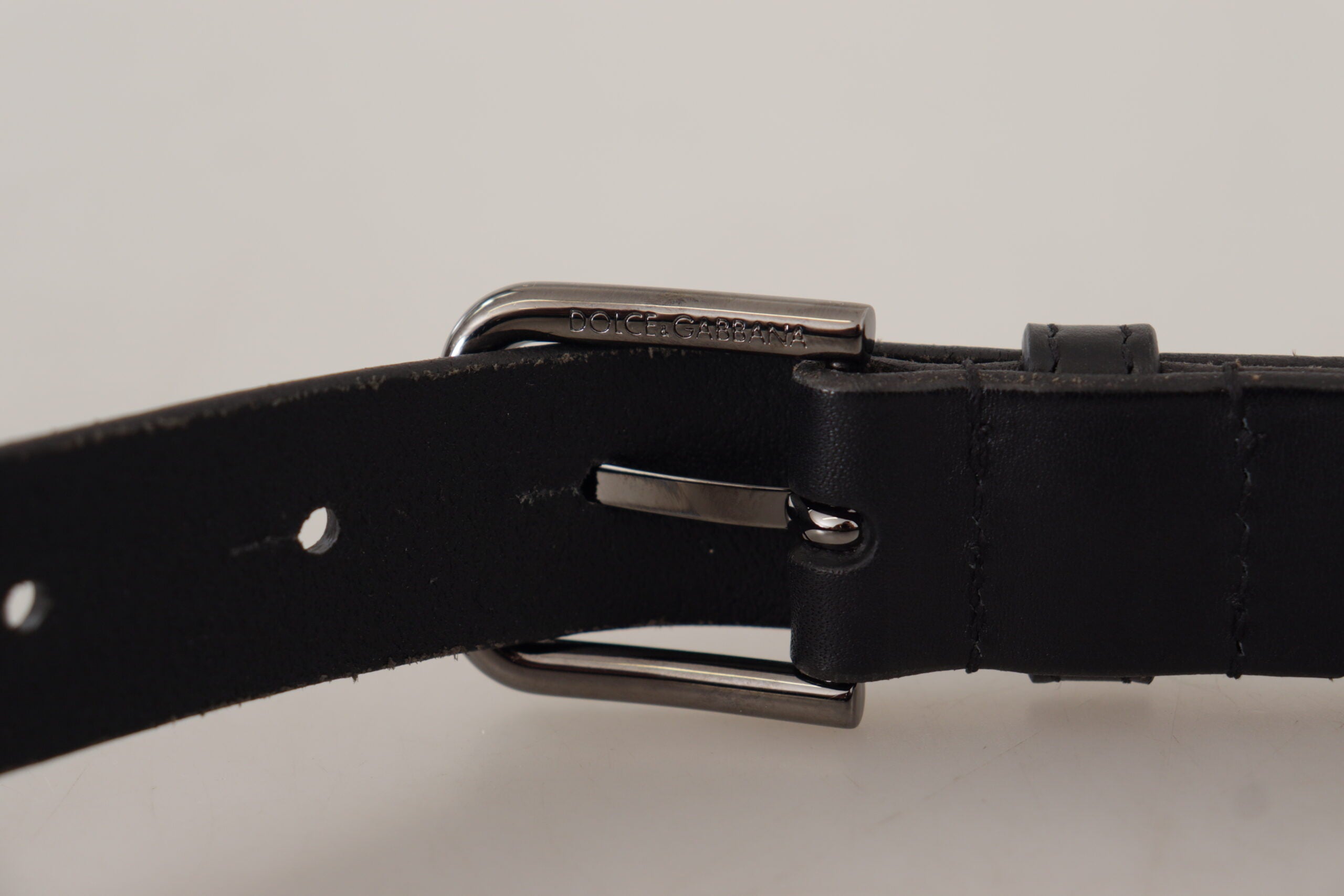 Dolce & Gabbana Black Calf Leather Logo Engraved Metal Buckle Men's Belt