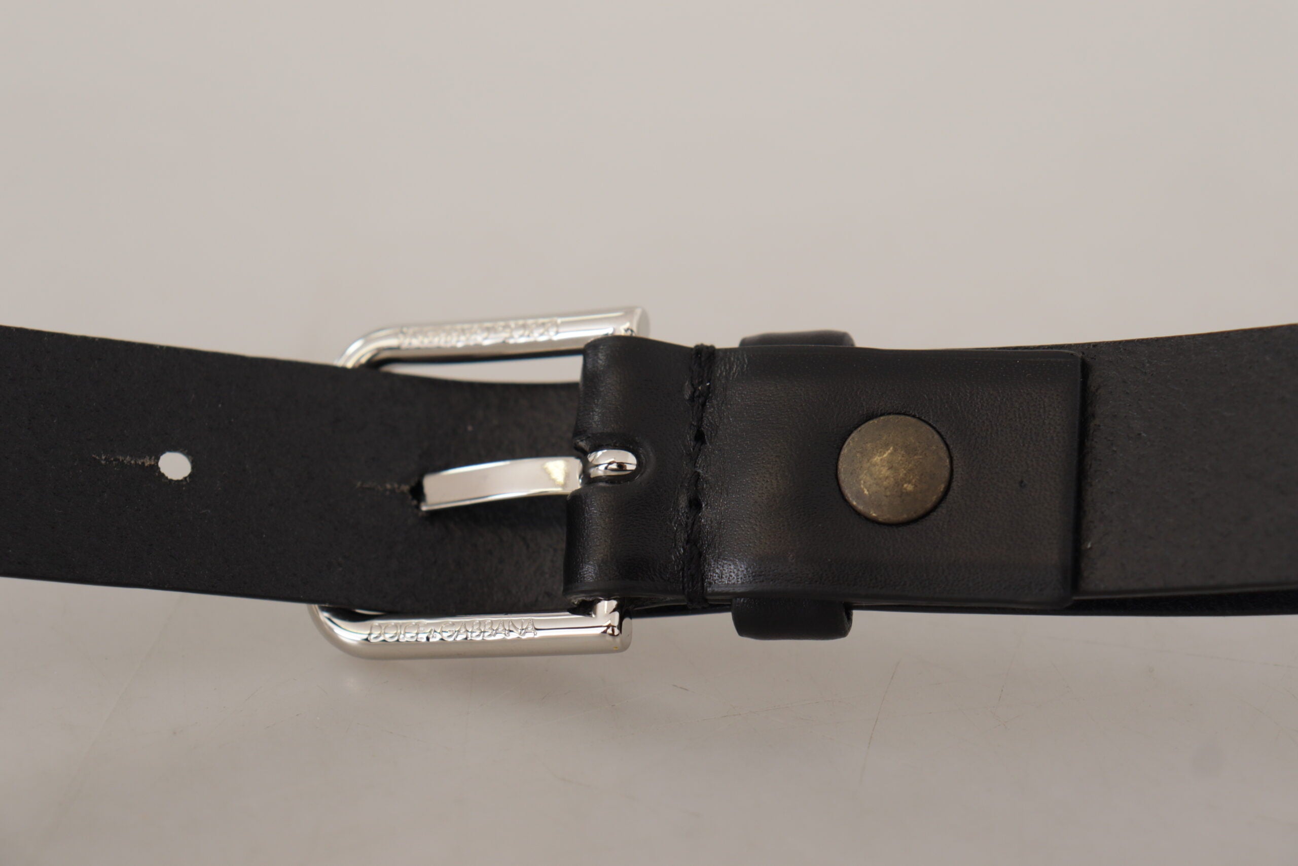 Dolce & Gabbana Black Calf Leather Silver Tone Logo Buckle Men's Belt