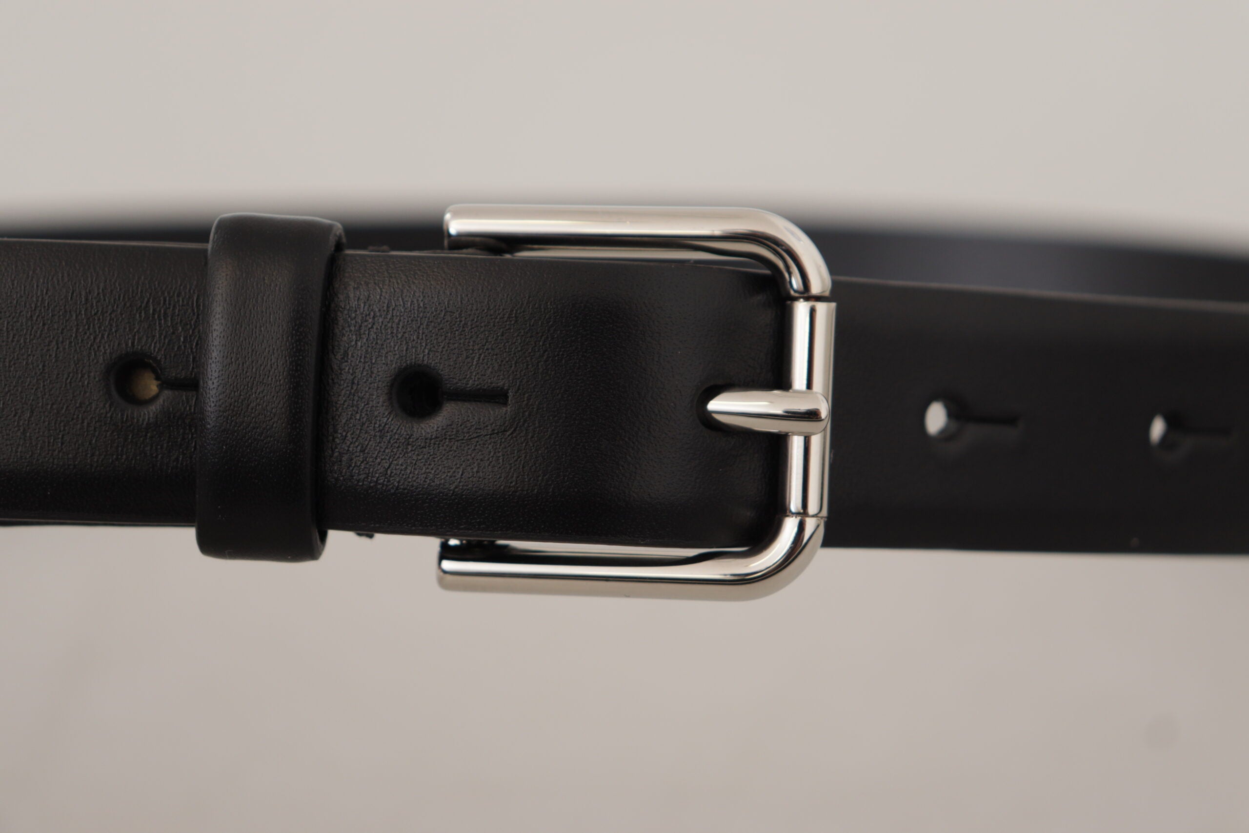 Dolce & Gabbana Black Calf Leather Silver Tone Logo Buckle Men's Belt