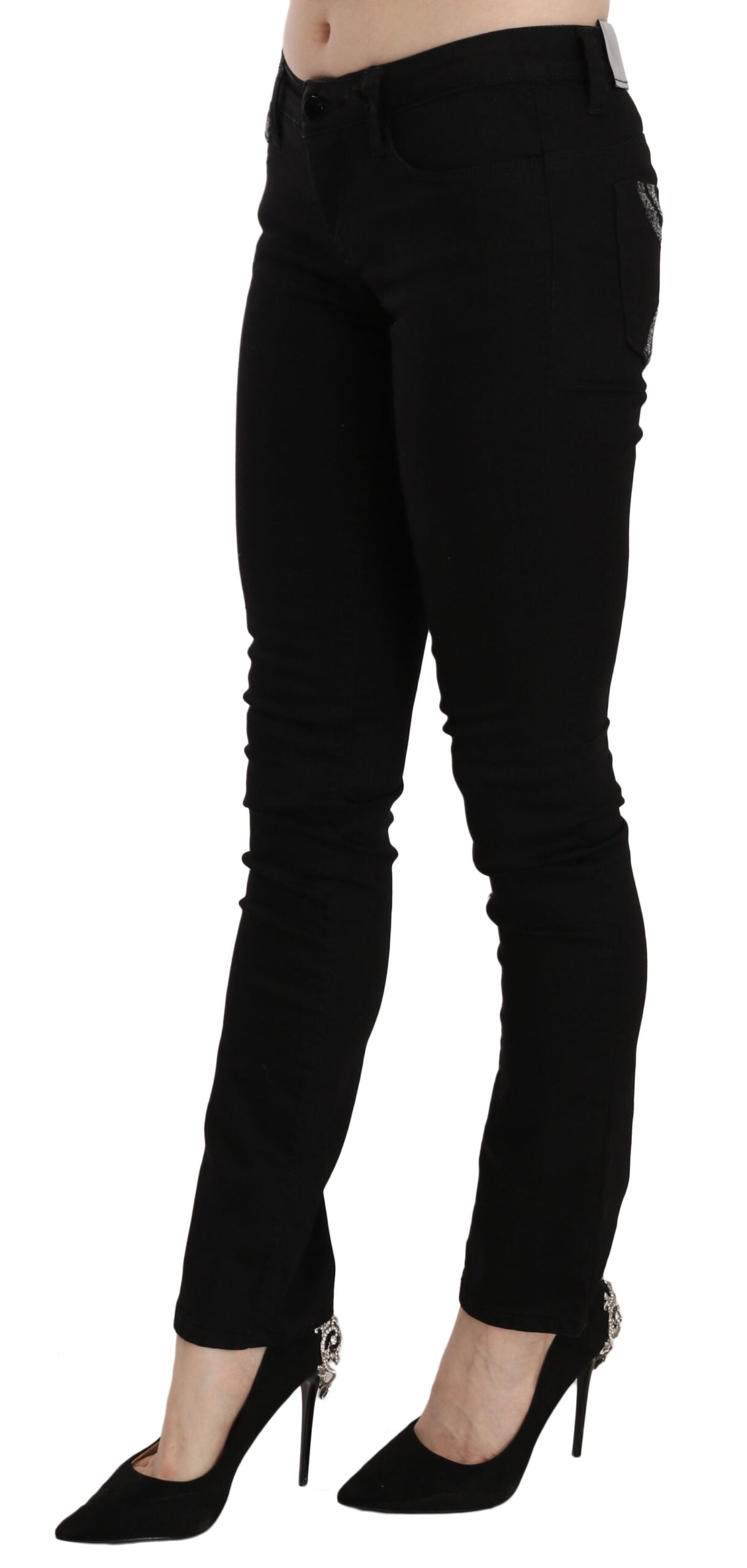 Costume National Black Sequined Mid Waist Slim Fit Denim Women's Jeans