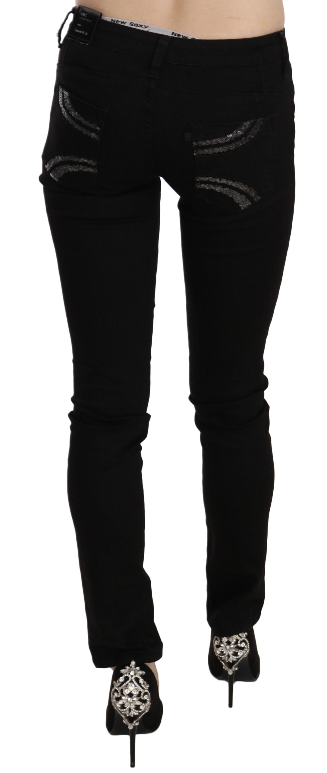 Costume National Black Sequined Mid Waist Slim Fit Denim Women's Jeans