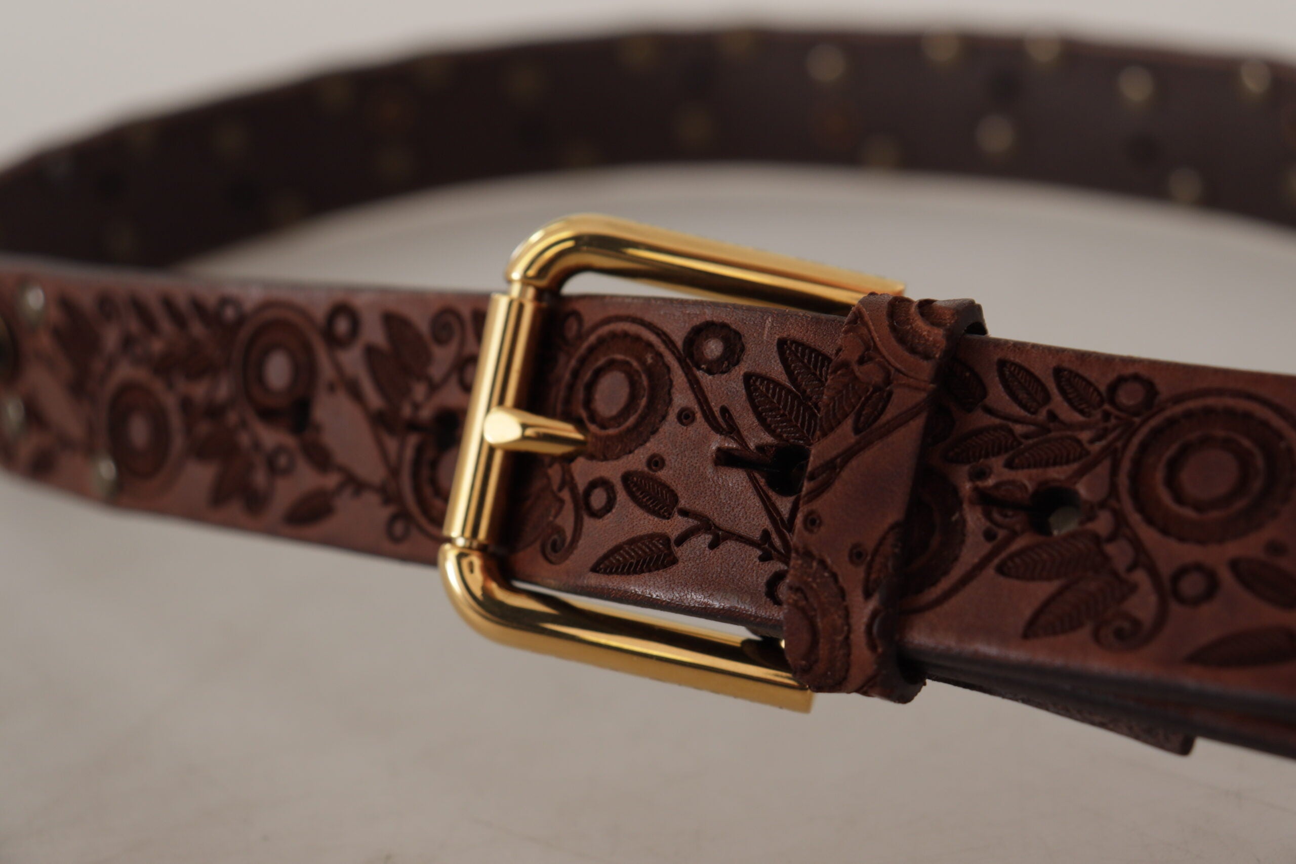 Dolce & Gabbana Brown Calf Leather Embossed Gold Metal Men's Buckle