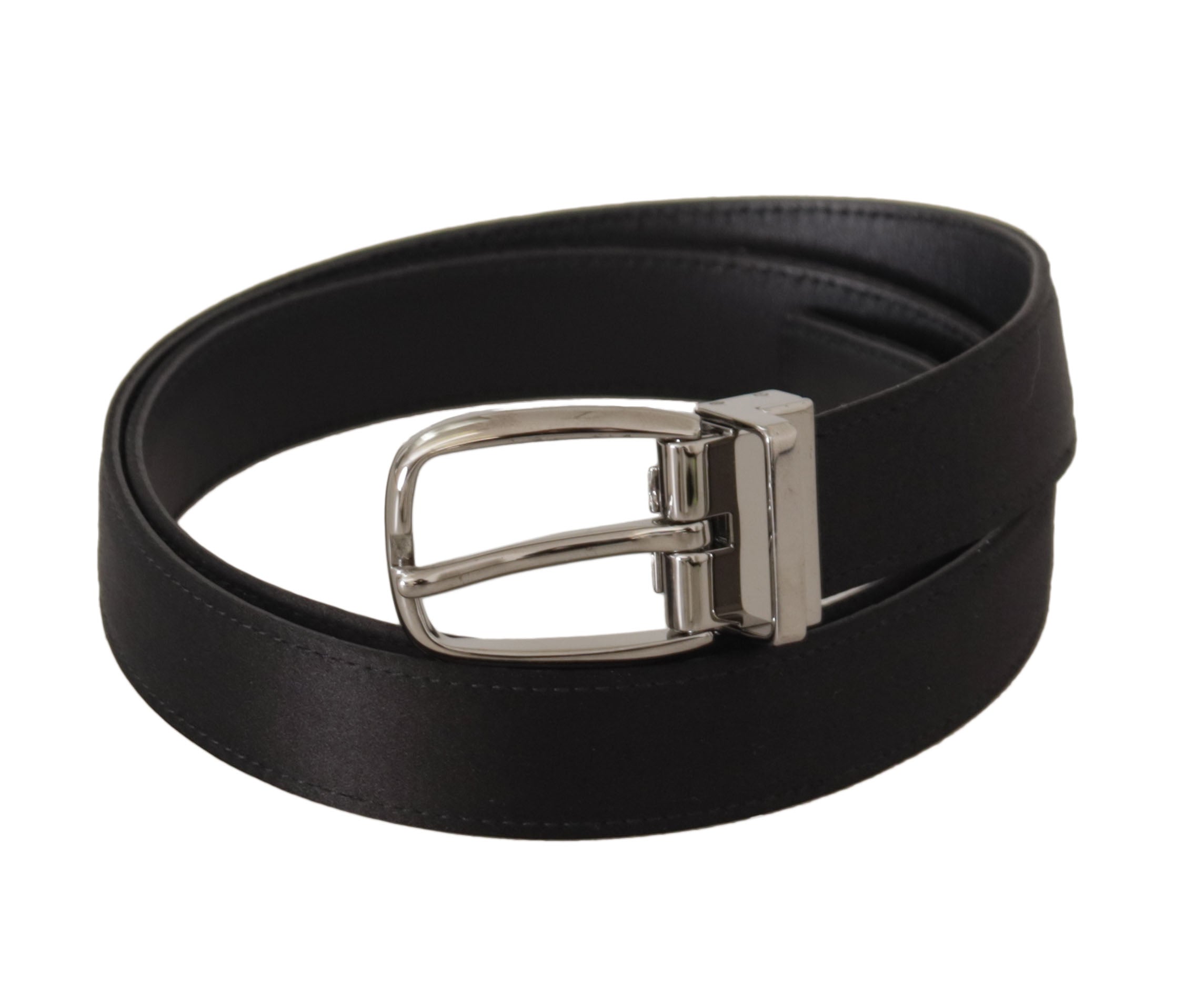 Dolce & Gabbana Black Calf Leather Silver Logo Metal Buckle Men's Belt