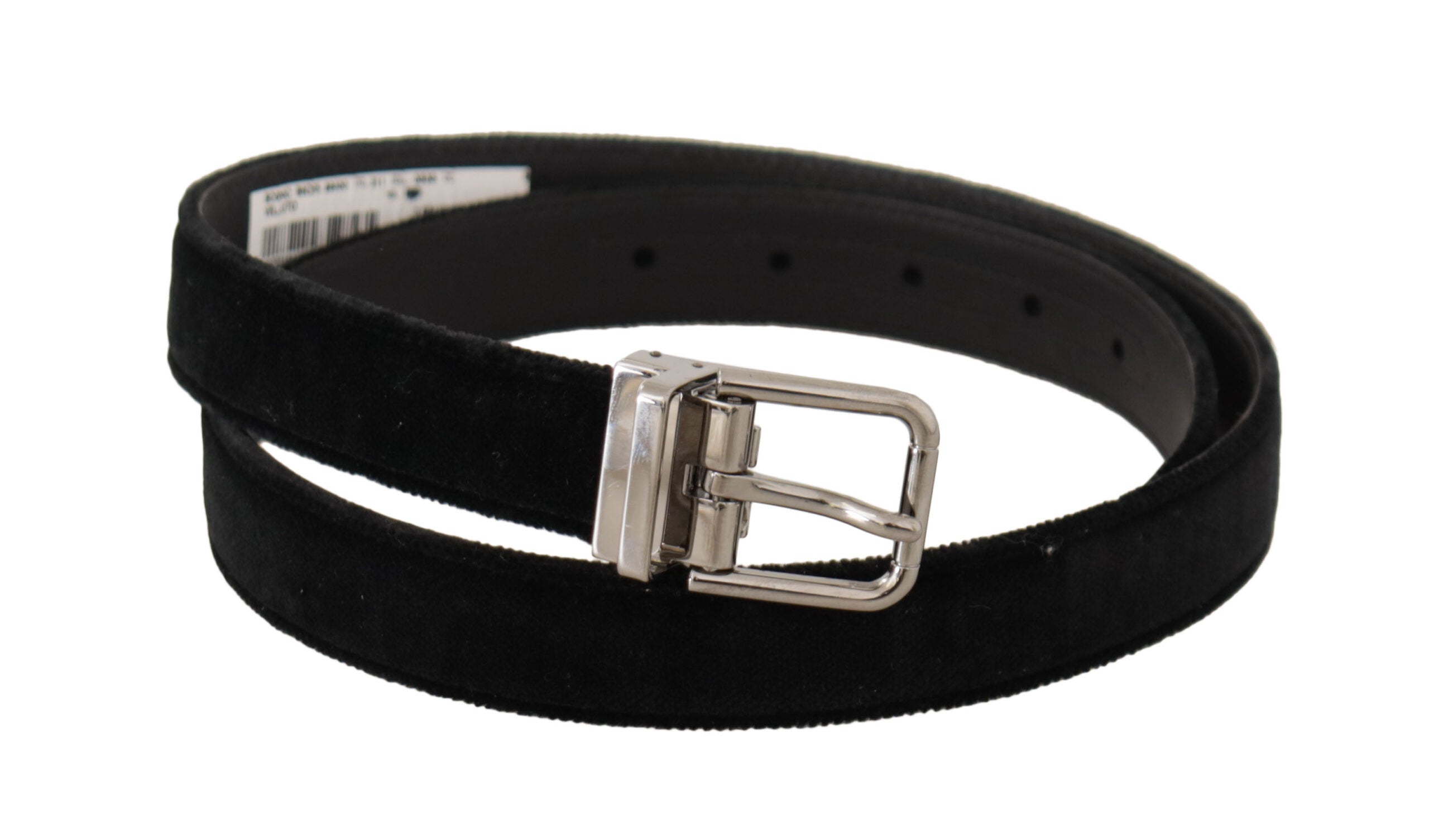 Dolce & Gabbana Black Casual Velvet Silver Metal Logo Buckle Men's Belt