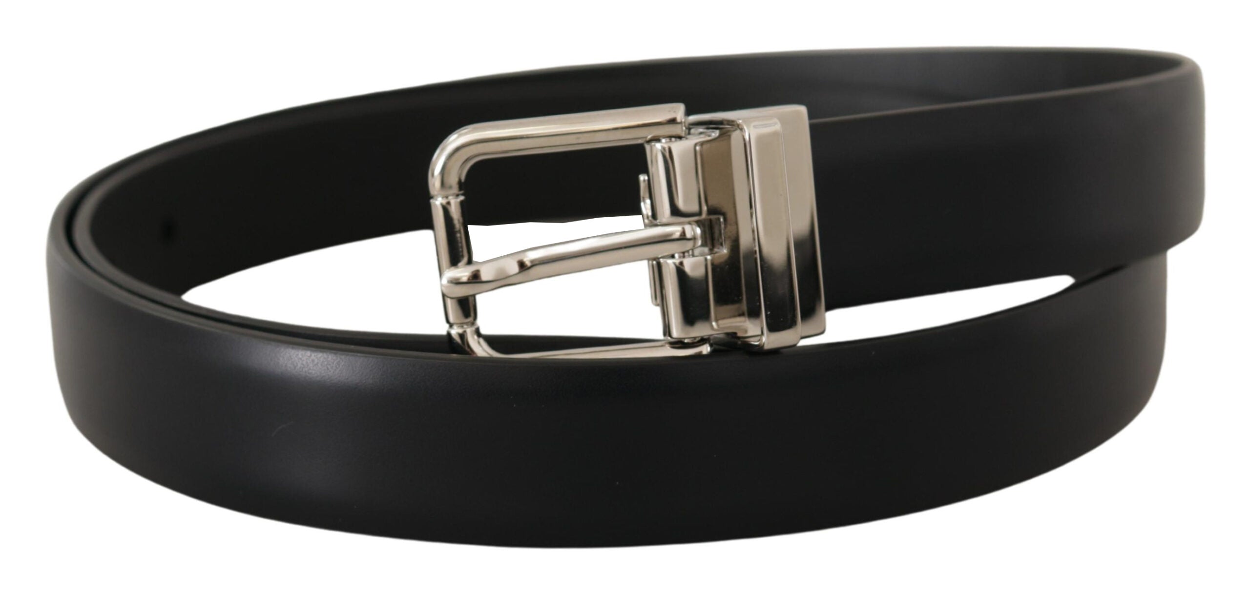 Dolce & Gabbana Black Calf Leather Silver Metal Logo Buckle Men's Belt (Pre-Owned)