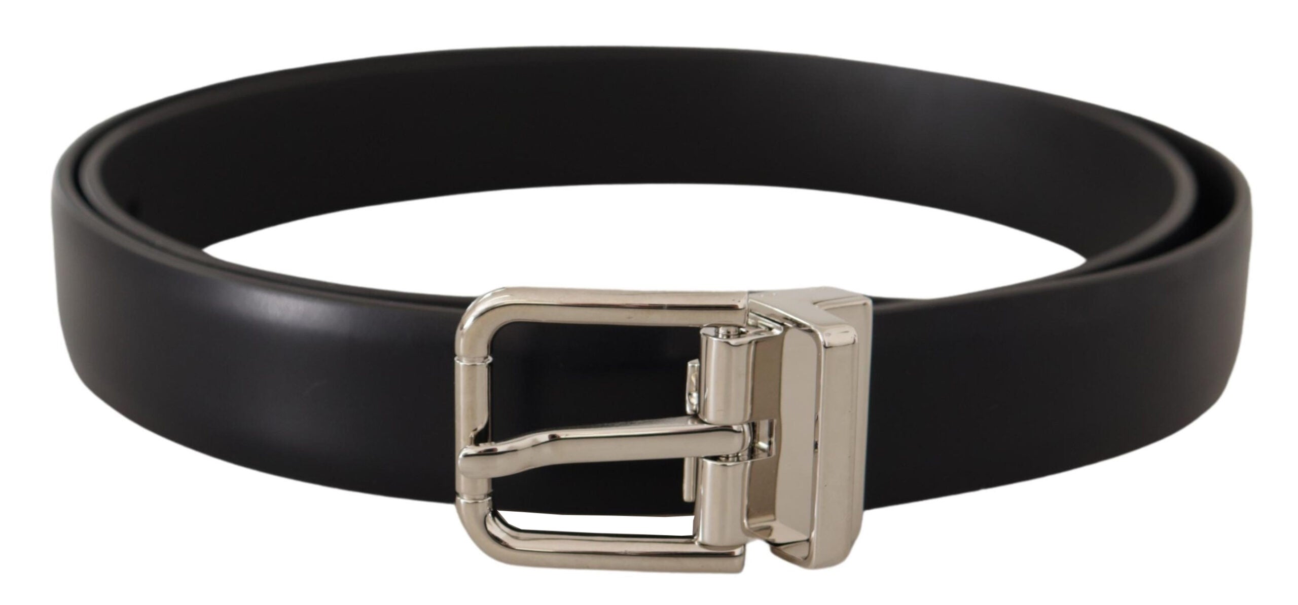 Dolce & Gabbana Black Calf Leather Silver Metal Logo Buckle Men's Belt (Pre-Owned)