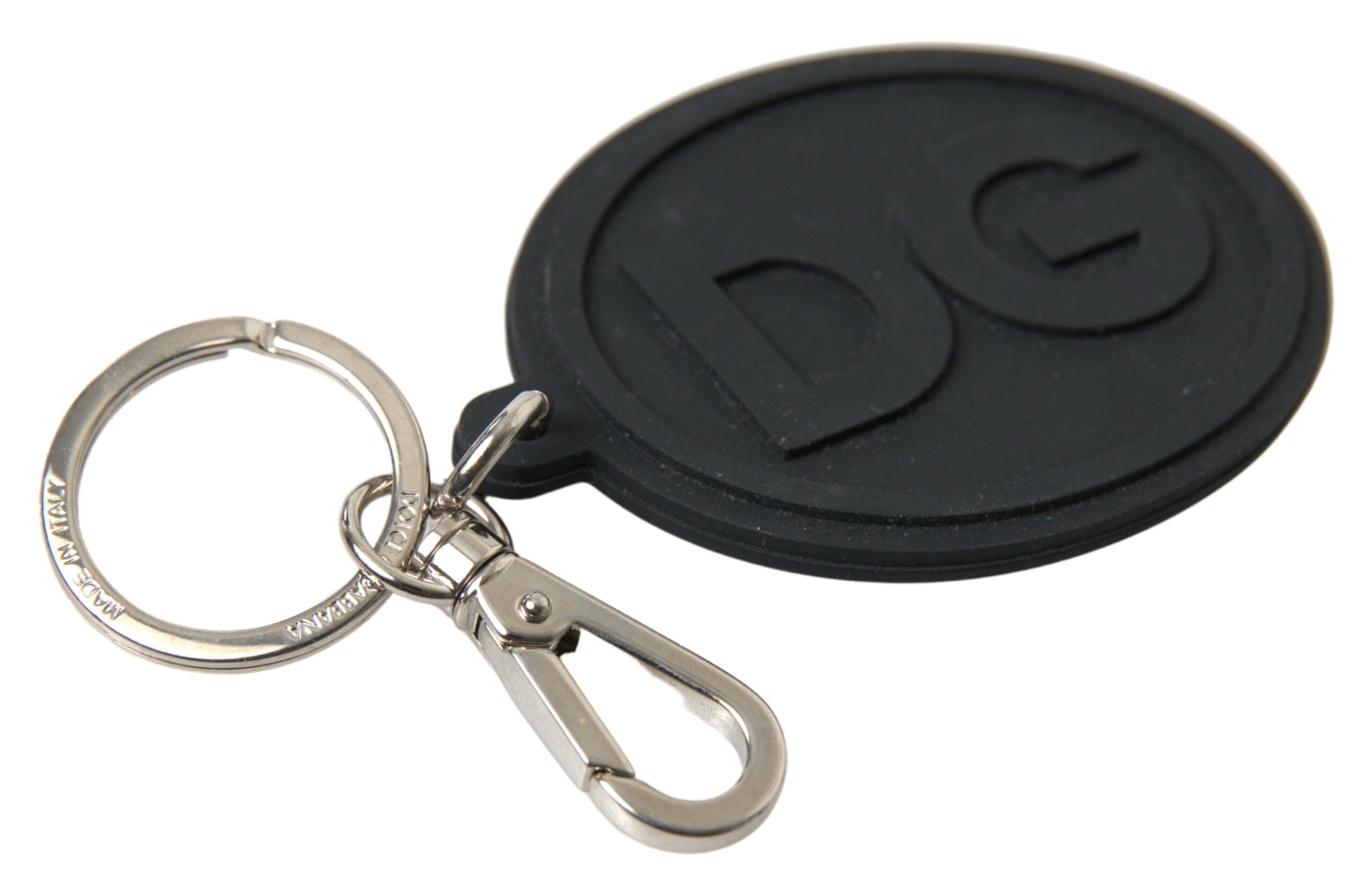 Dolce & Gabbana Black Rubber DG Logo Silver Brass Metal Women's Keychain