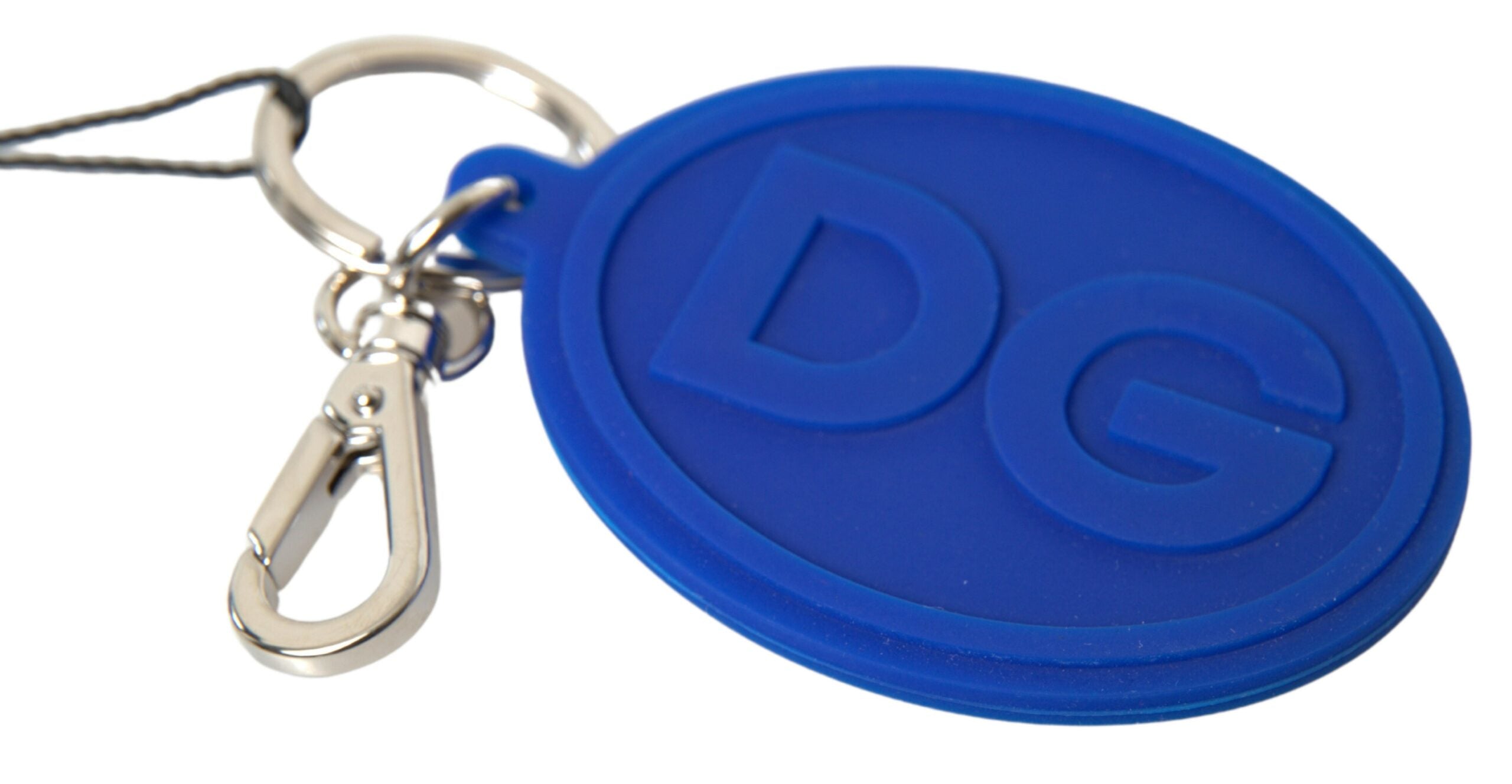 Dolce & Gabbana Blue Rubber DG Logo Silver Brass Metal Keyring Women's Keychain
