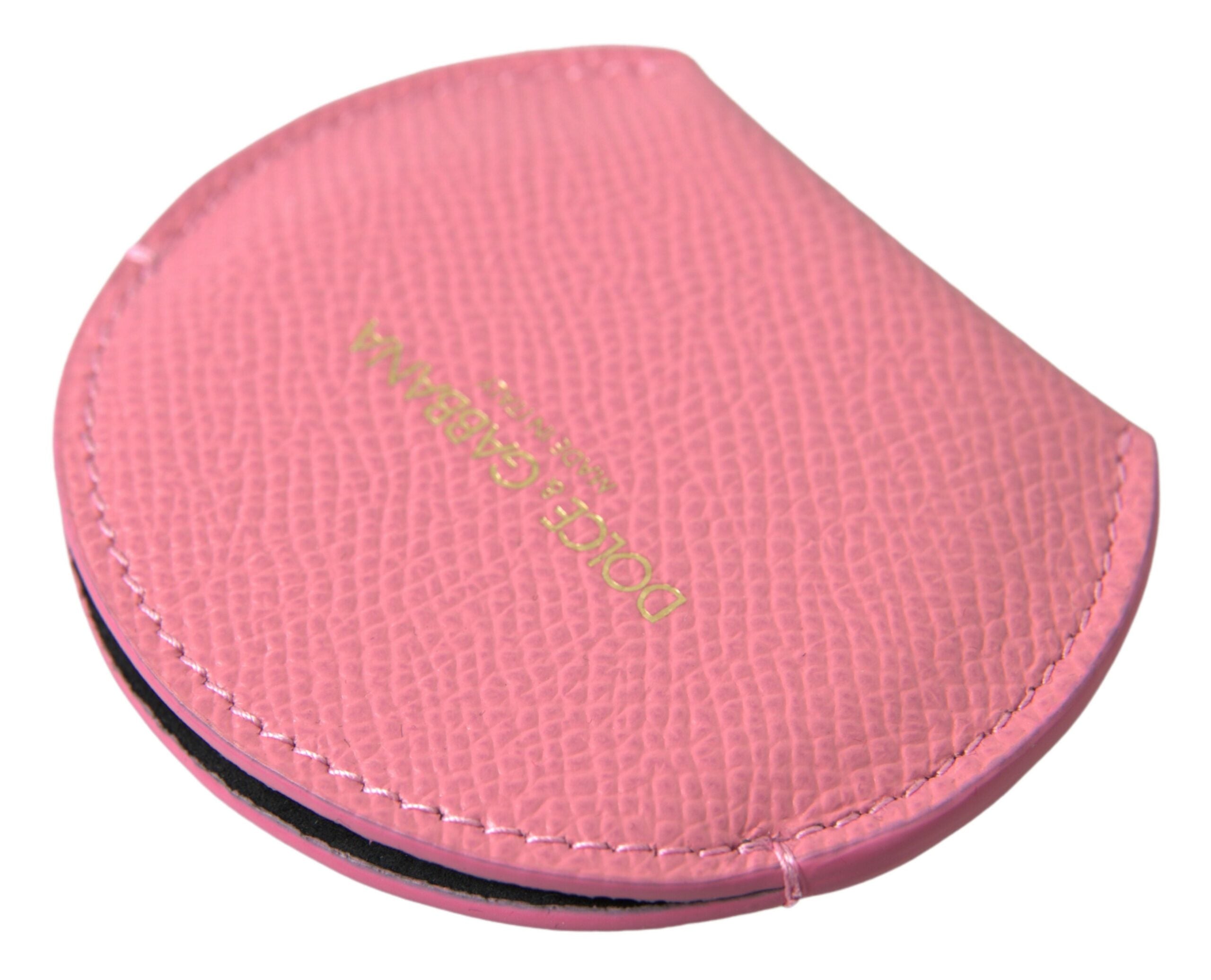 Dolce & Gabbana Pink Calfskin Leather Round Logo Print Hand Mirror Women's Holder