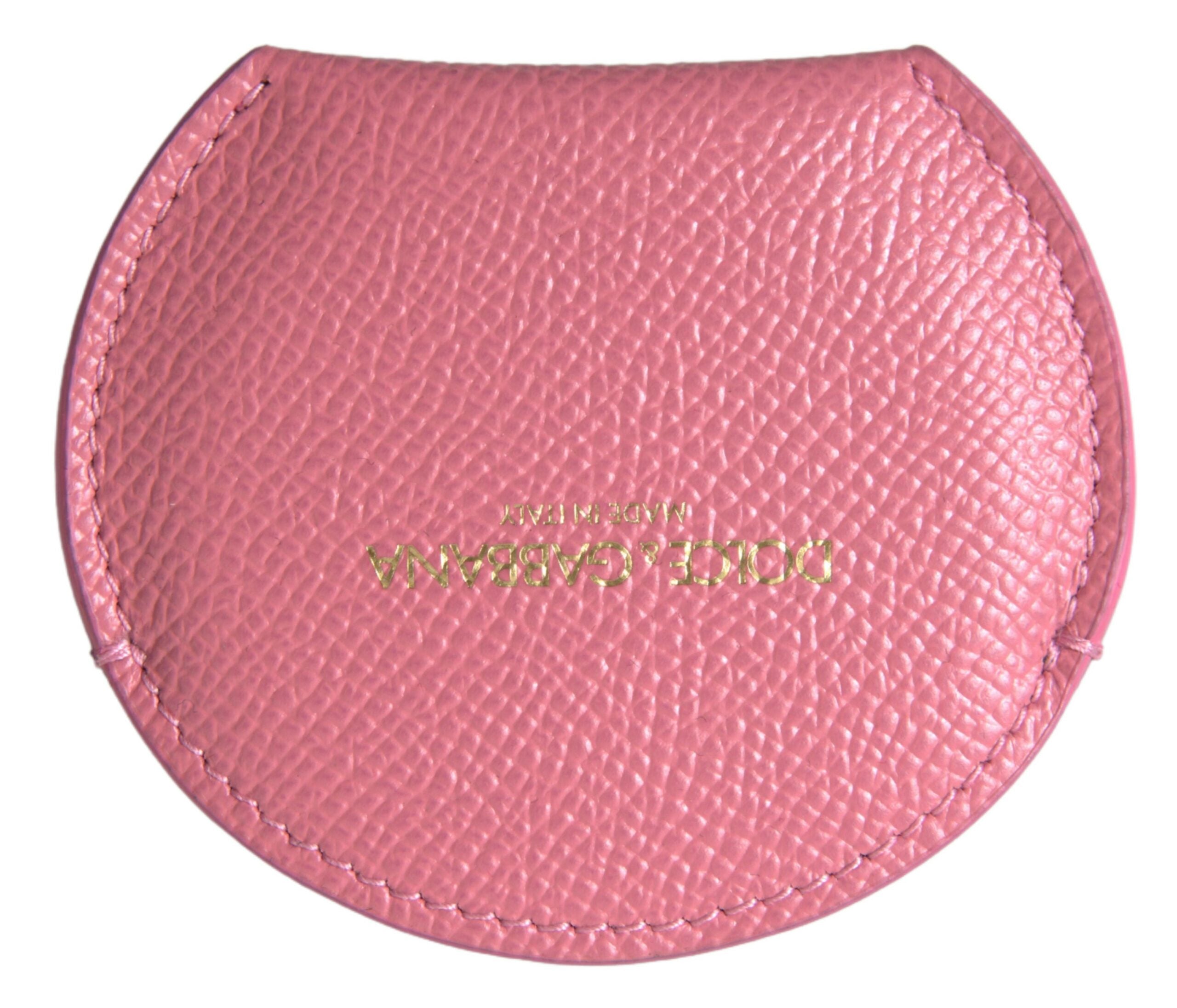 Dolce & Gabbana Pink Calfskin Leather Round Logo Print Hand Mirror Women's Holder