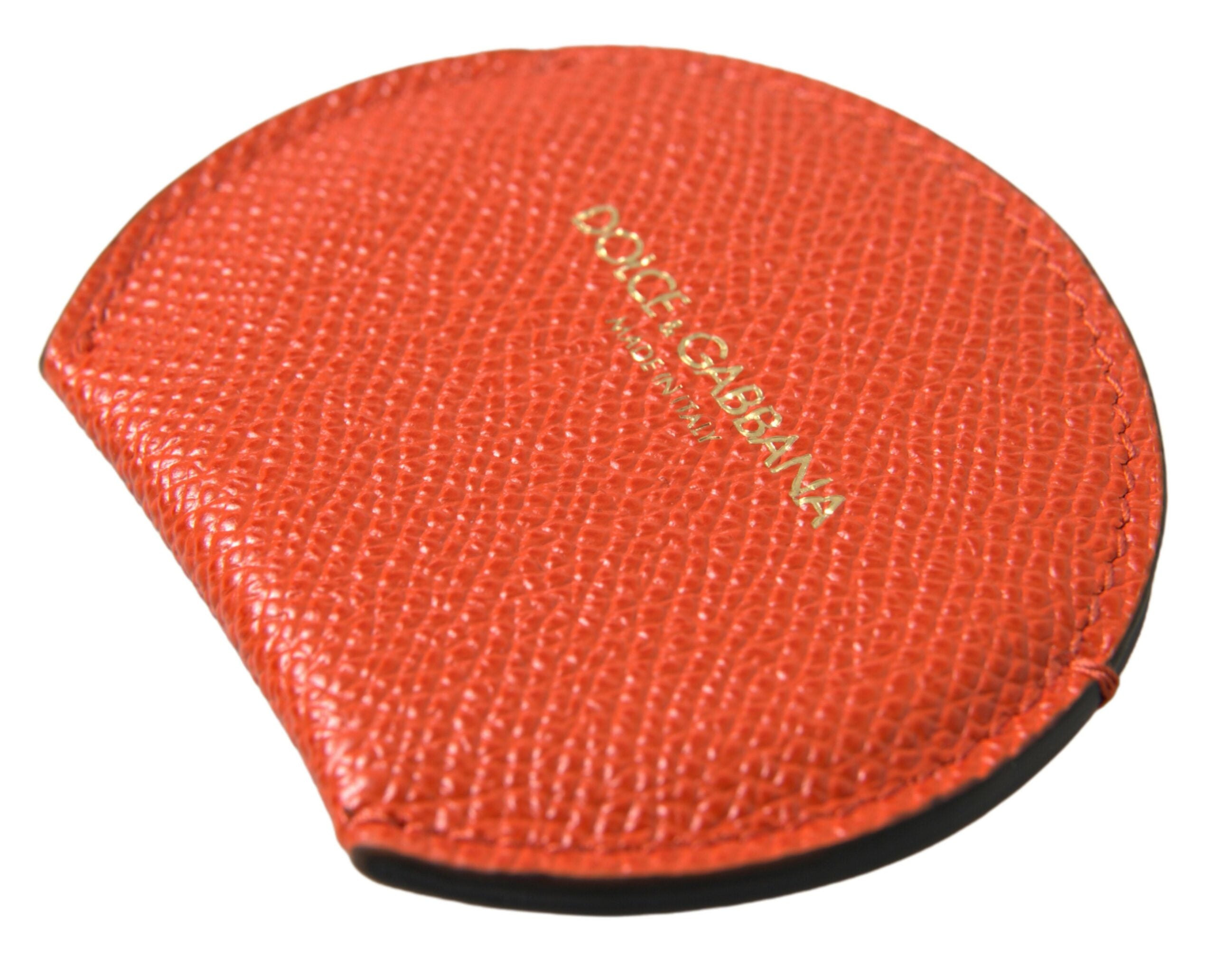 Dolce & Gabbana Orange Calfskin Leather Round Logo Hand Mirror Women's Holder