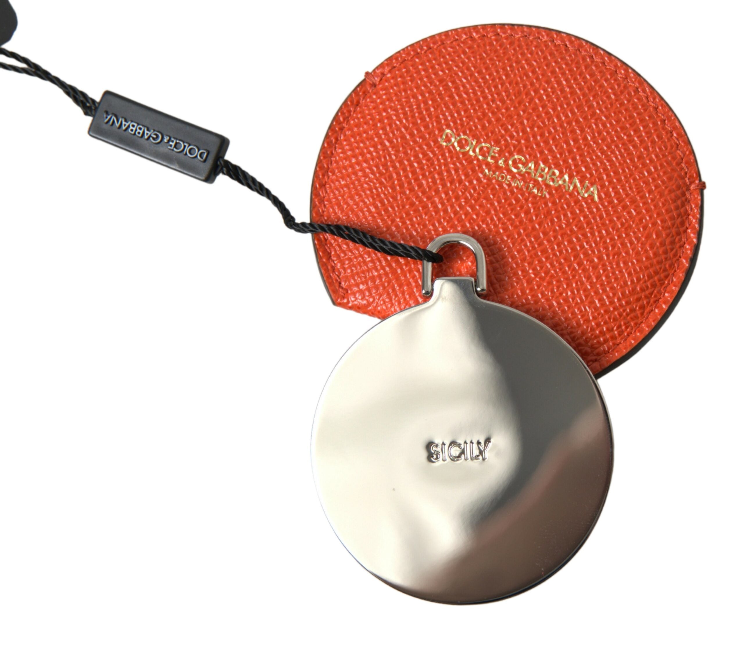 Dolce & Gabbana Orange Calfskin Leather Round Logo Hand Mirror Women's Holder