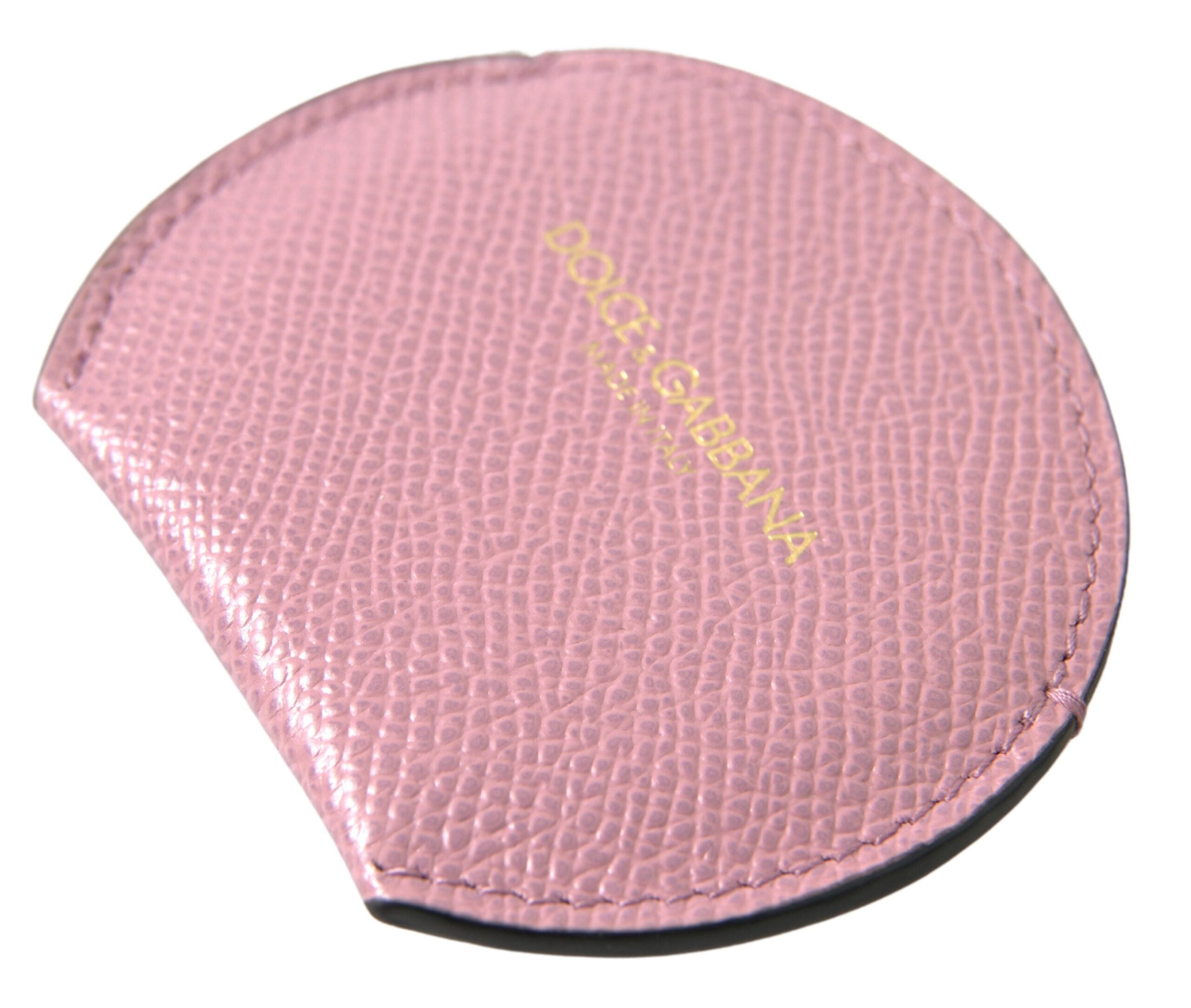 Dolce & Gabbana Pink Calfskin Leather Round Logo Print Hand Mirror Women's Holder