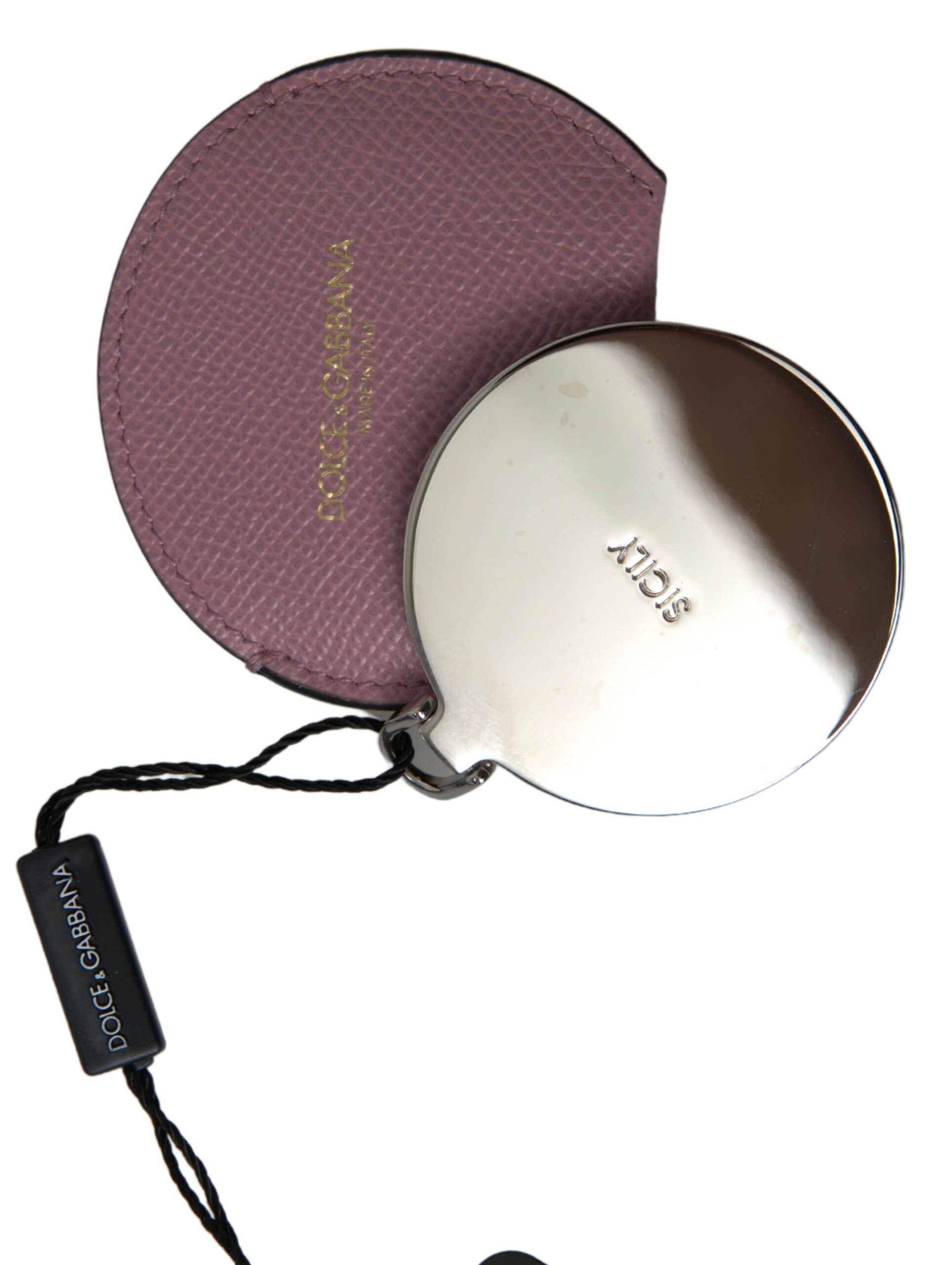 Dolce & Gabbana Pink Calfskin Leather Round Logo Print Hand Mirror Women's Holder