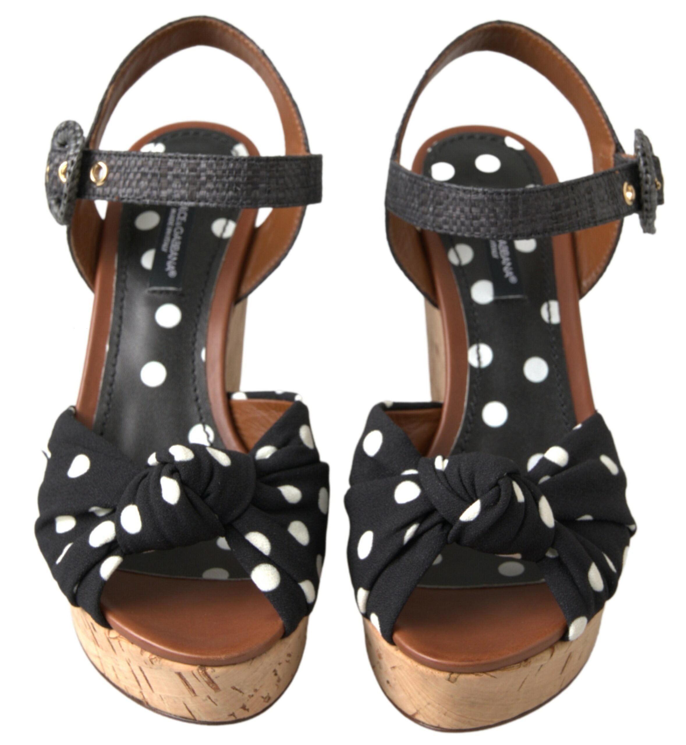 Dolce & Gabbana Black Wedges Polka Dotted Ankle Strap Shoes Women's Sandals