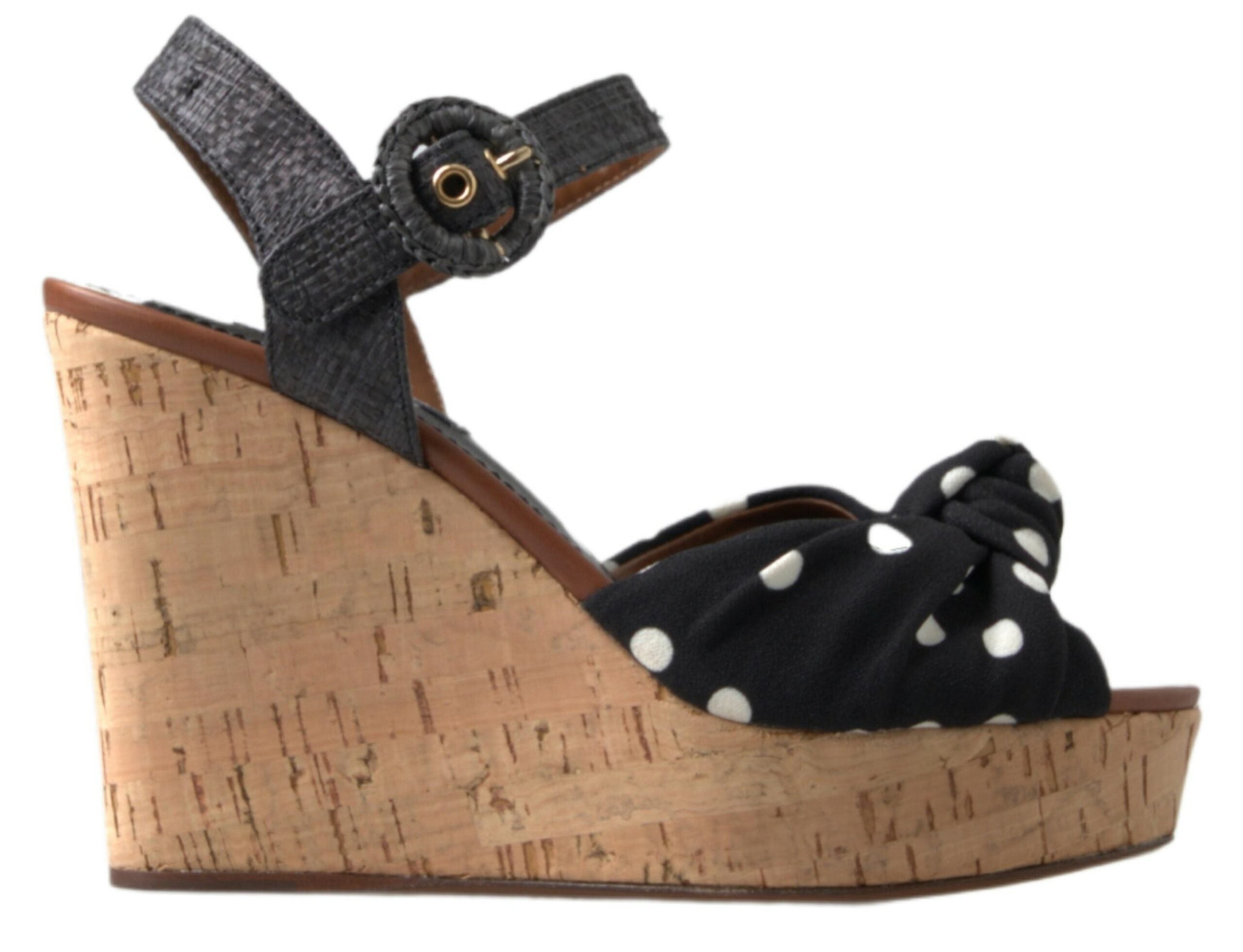 Dolce & Gabbana Black Wedges Polka Dotted Ankle Strap Shoes Women's Sandals