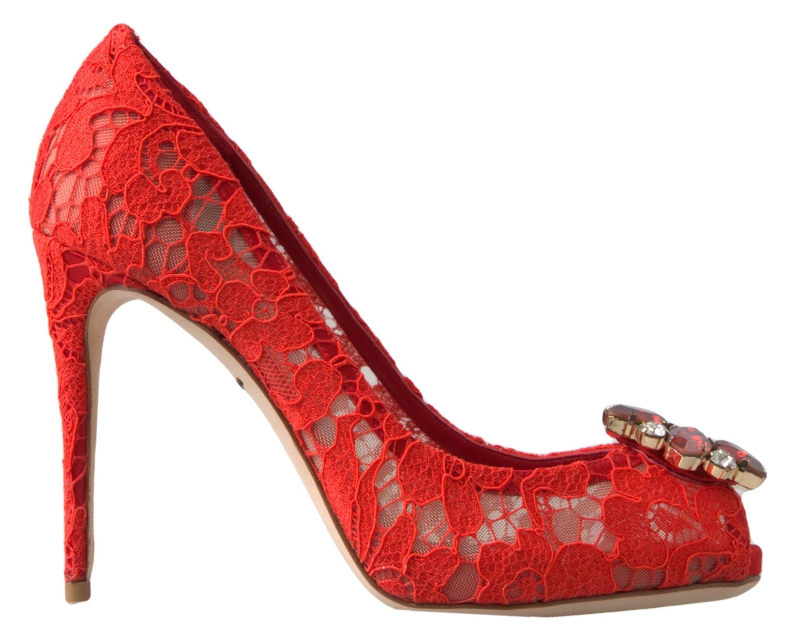 Dolce & Gabbana Red Taormina Lace Crystal Heels Pumps Women's Shoes