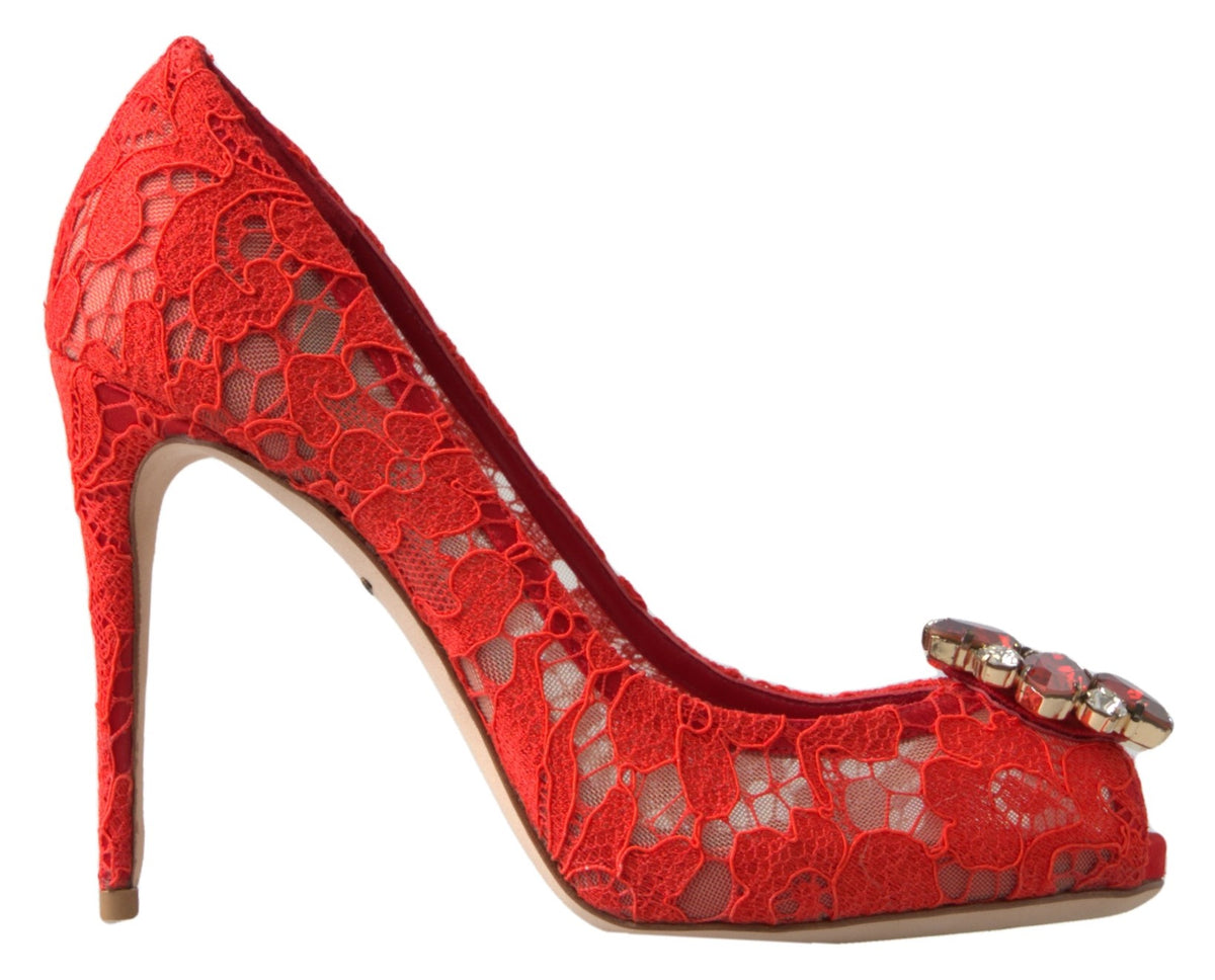 Dolce & Gabbana Red Taormina Lace Crystal Heels Pumps Women's Shoes