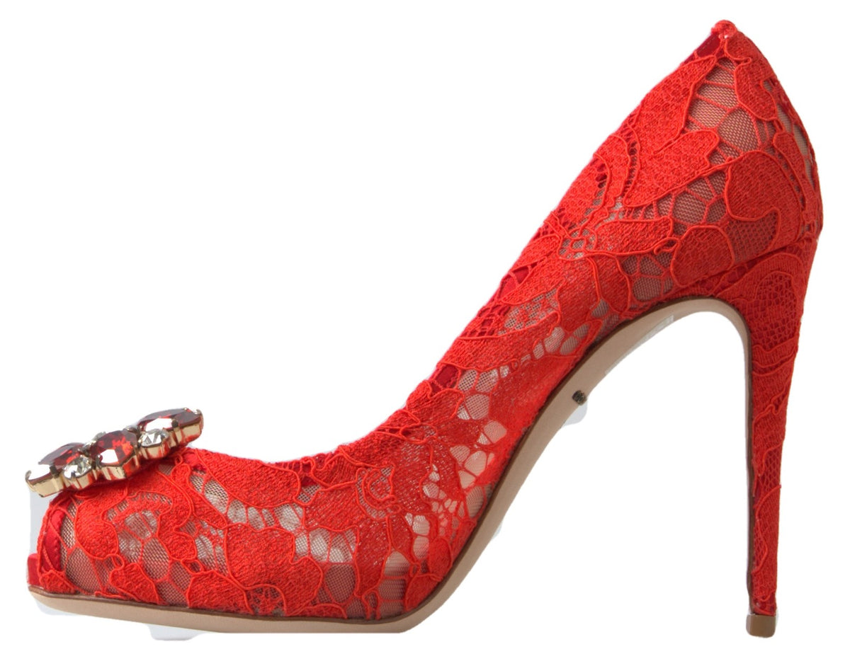 Dolce & Gabbana Red Taormina Lace Crystal Heels Pumps Women's Shoes