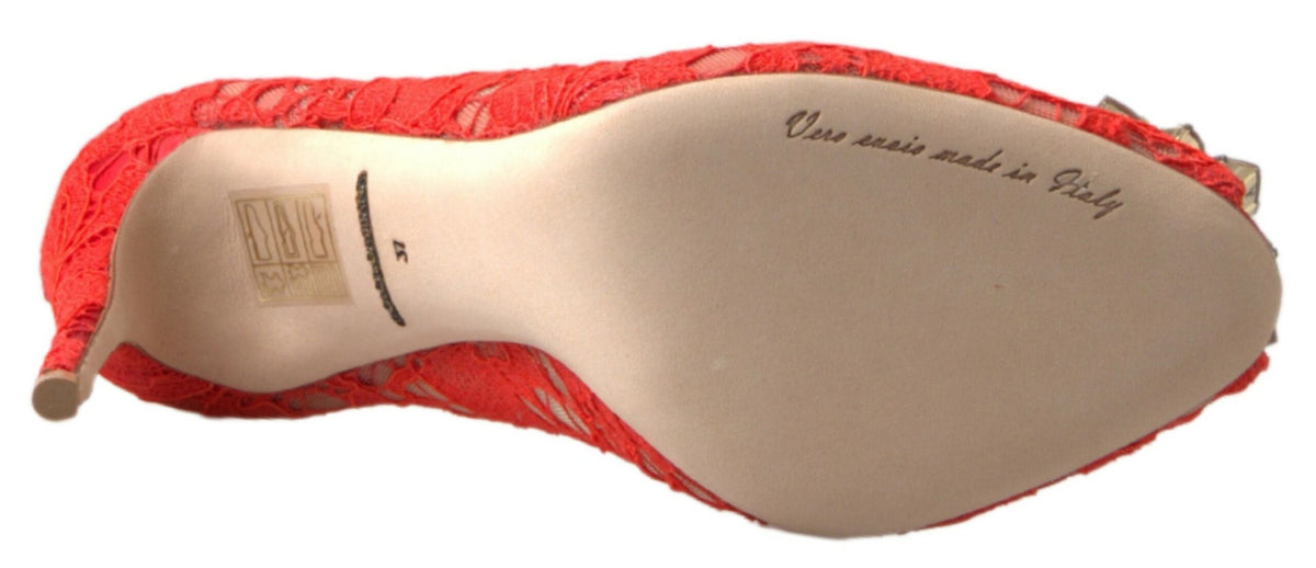 Dolce & Gabbana Red Taormina Lace Crystal Heels Pumps Women's Shoes