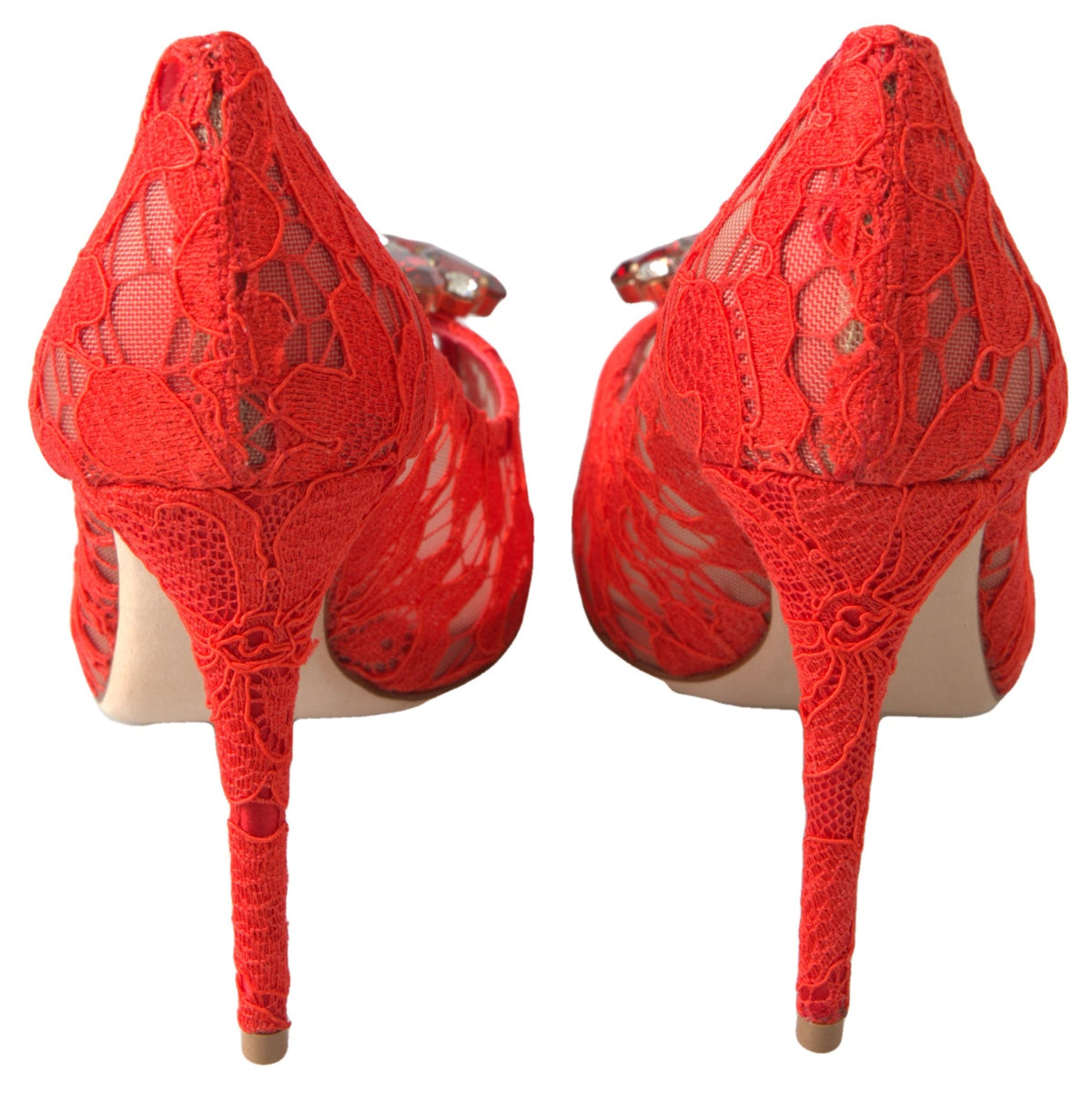 Dolce & Gabbana Red Taormina Lace Crystal Heels Pumps Women's Shoes