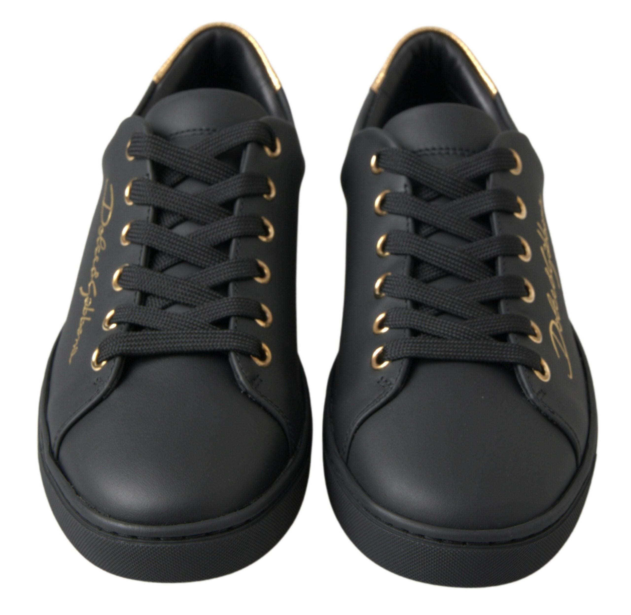 Dolce & Gabbana Black Gold Leather Classic Sneakers Women's Shoes