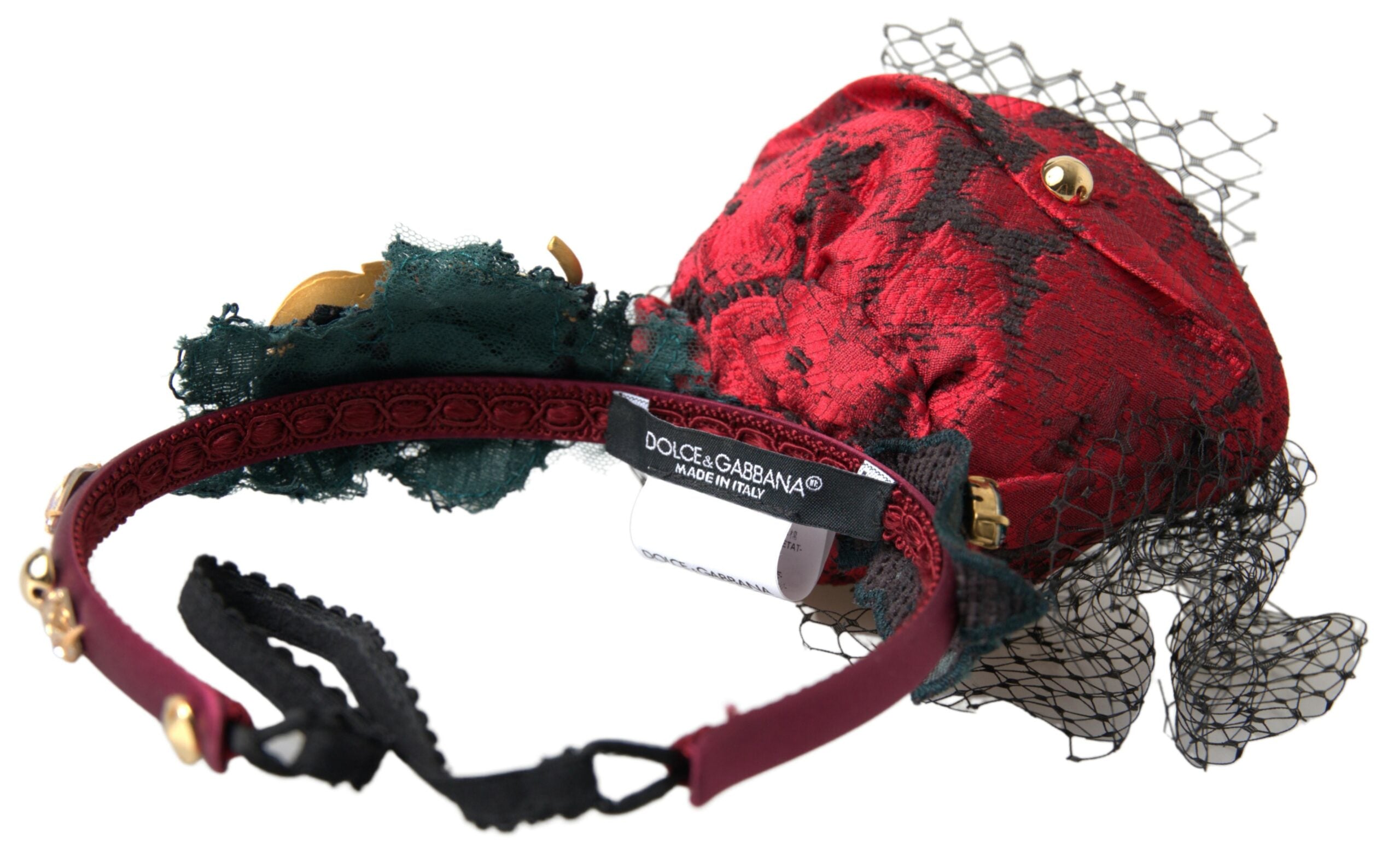 Dolce & Gabbana Red with multicolor Rose Silk Crystal Netted Logo Diadem Women's Headband