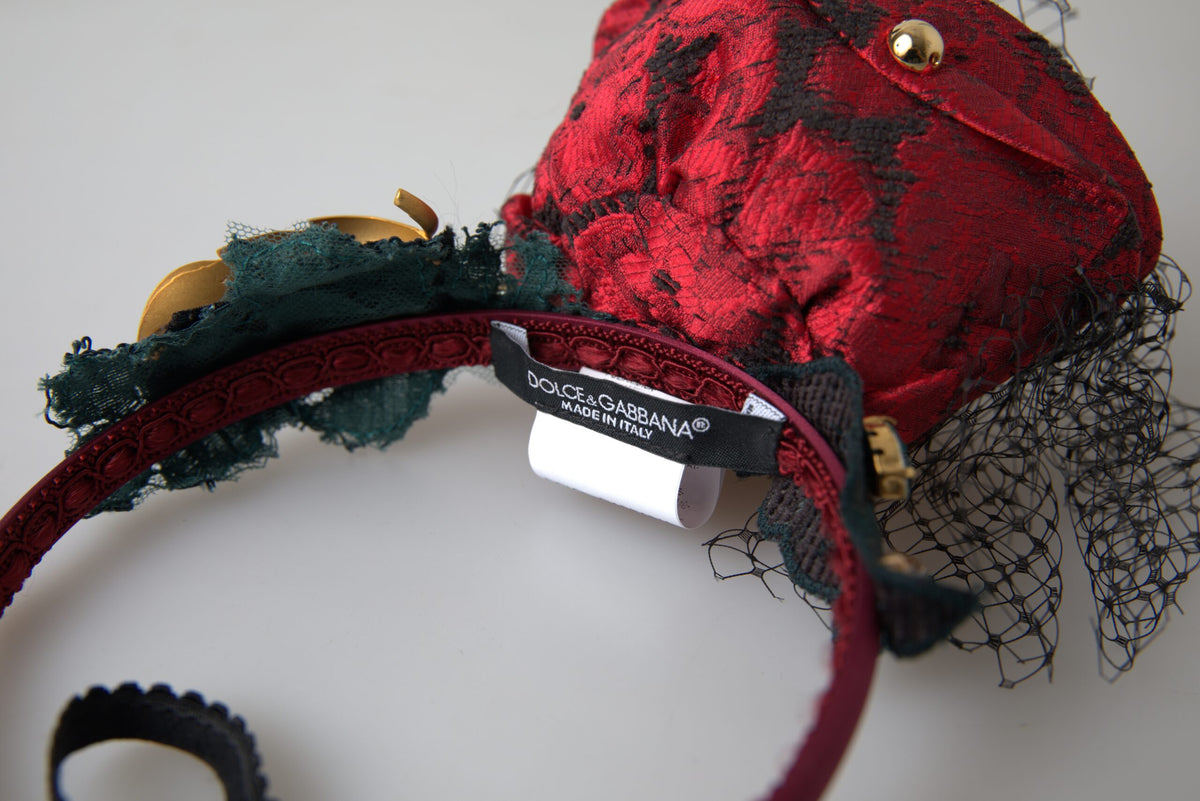 Dolce & Gabbana Red with multicolor Rose Silk Crystal Netted Logo Diadem Women's Headband