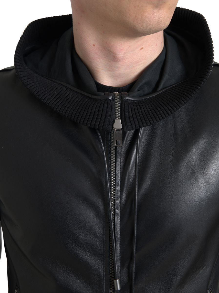 Dolce & Gabbana Elegant Black Leather Bomber Men's Jacket