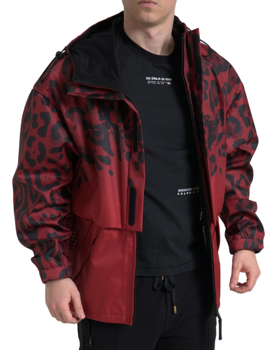 Dolce & Gabbana Red Leopard Hooded Rain Coat Men's Jacket