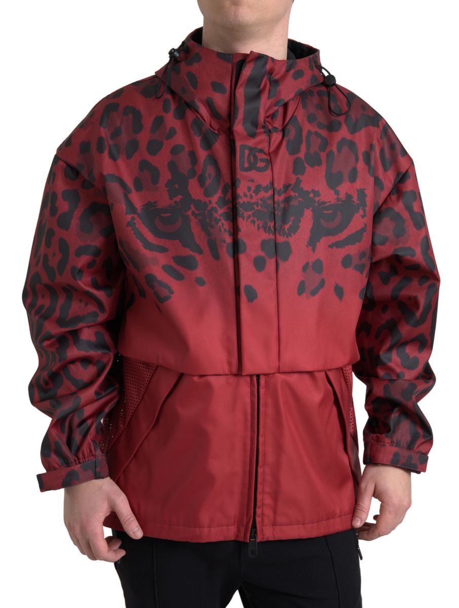 Dolce & Gabbana Red Leopard Hooded Rain Coat Men's Jacket
