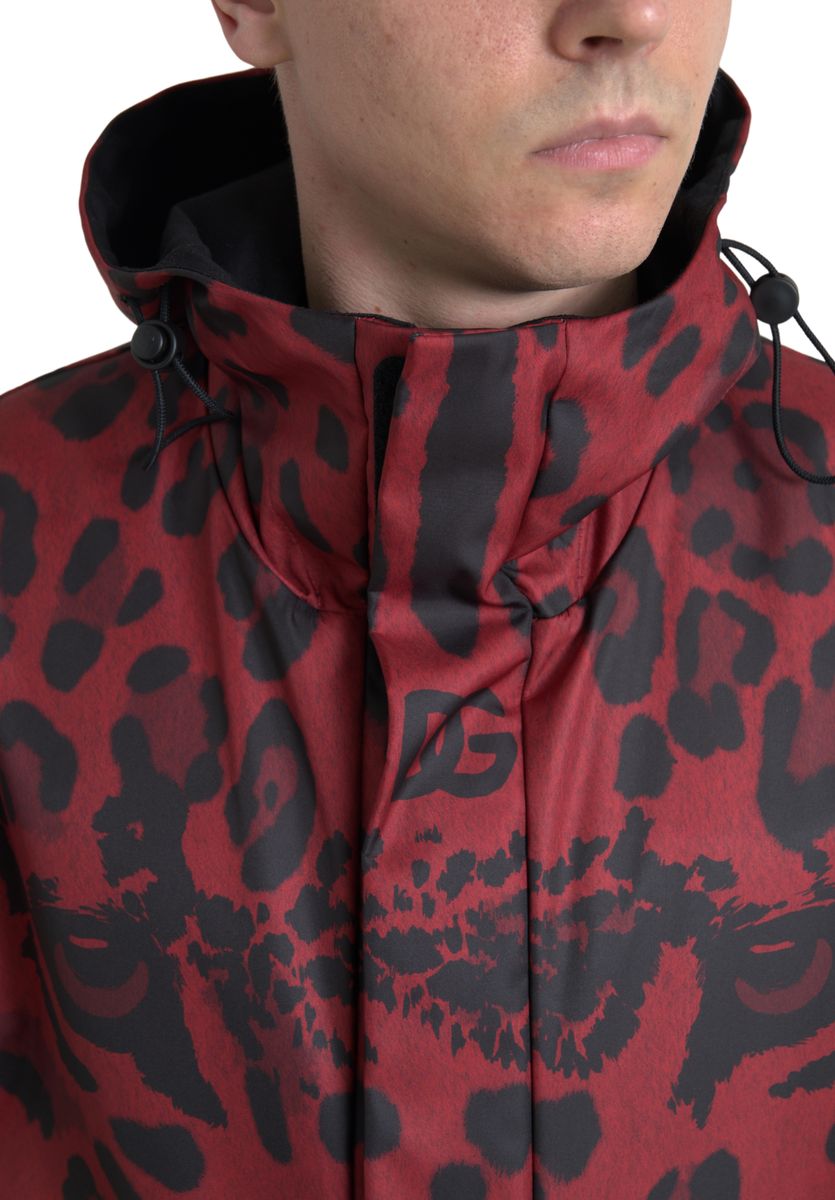 Dolce & Gabbana Red Leopard Hooded Rain Coat Men's Jacket