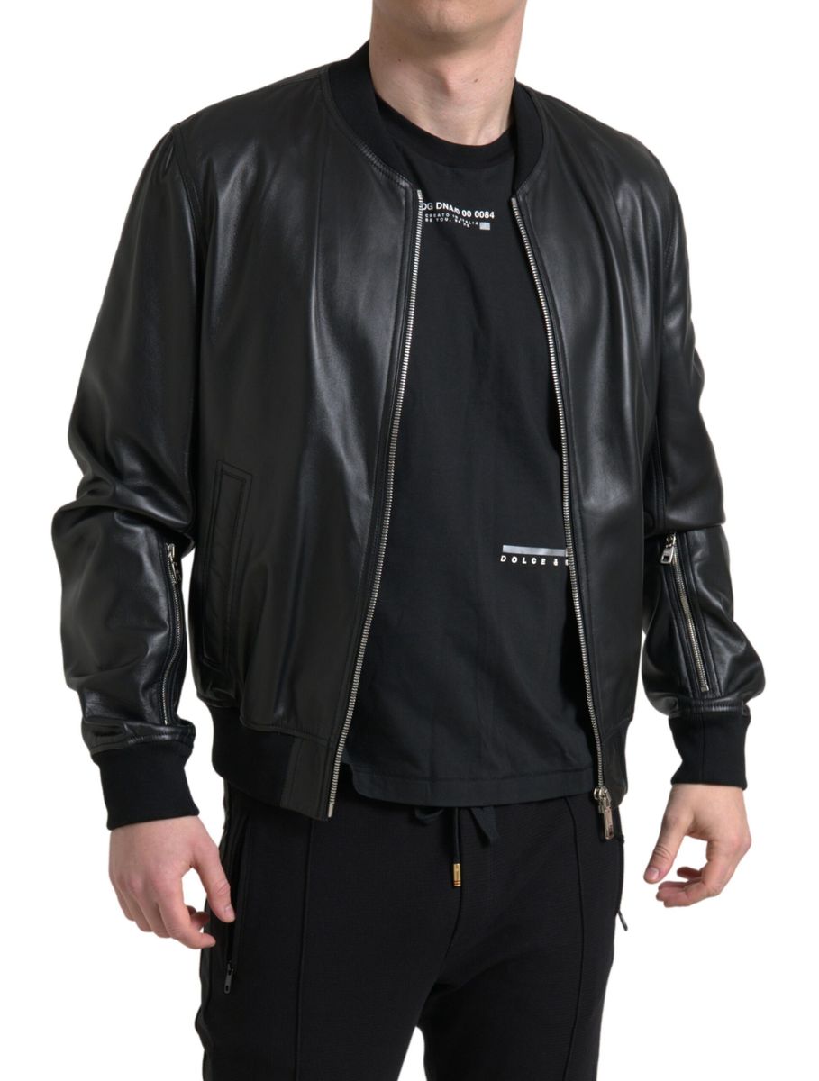 Dolce & Gabbana Black Leather Full Zip Bomber Men Men's Jacket