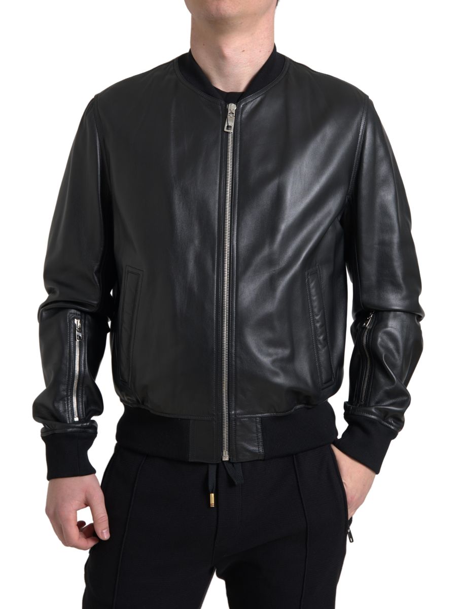 Dolce & Gabbana Black Leather Full Zip Bomber Men Men's Jacket