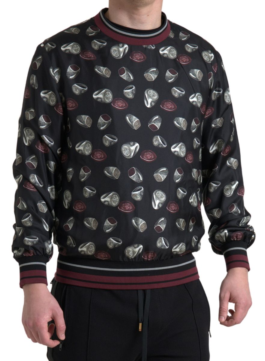 Dolce & Gabbana Black Ring Print Silk Crewneck Men's Sweater